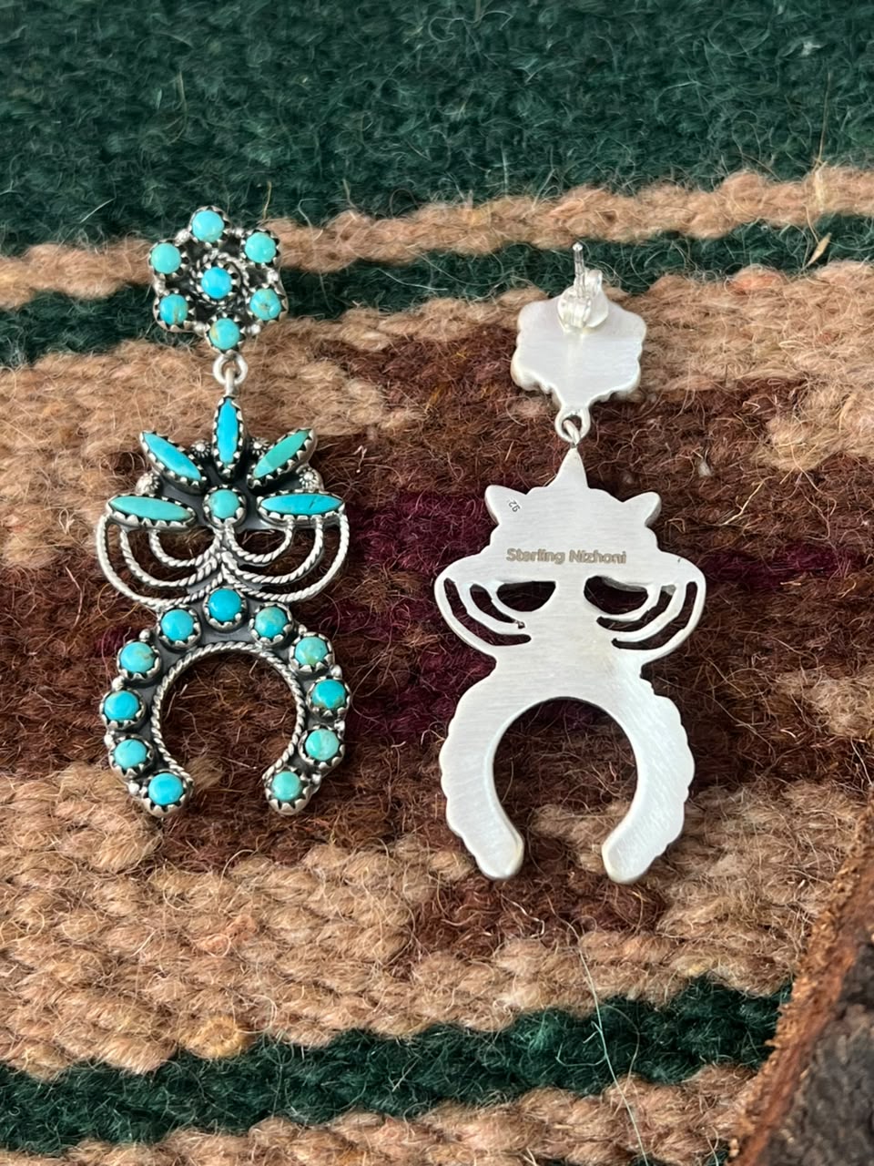 Handmade Sterling Silver Kingman Turquoise Post Dangle Naja Earrings Signed Nizhoni