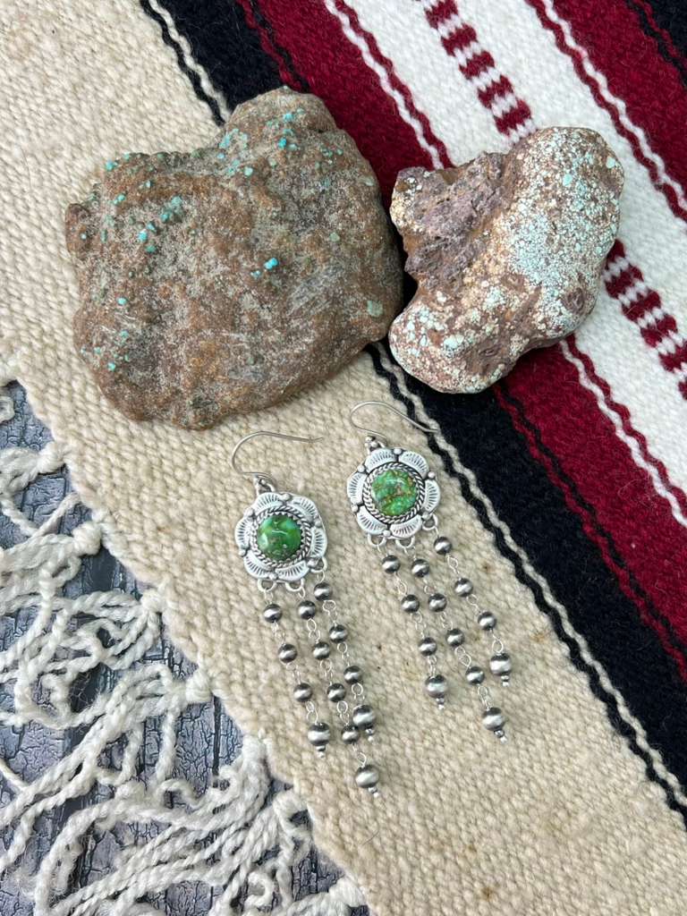 Handmade Sterling Silver Kingman Turquoise Hook Dangle Earrings with Signed Nizhoni