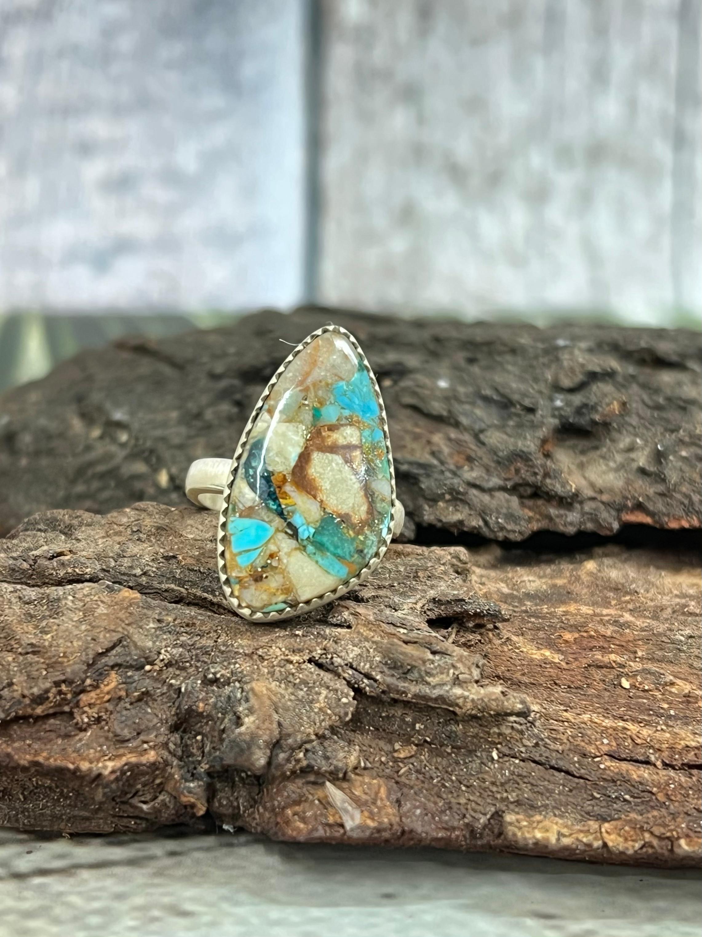 Handmade Sterling Silver Royston Turquoise Adjustable Ring with Signed Nizhoni