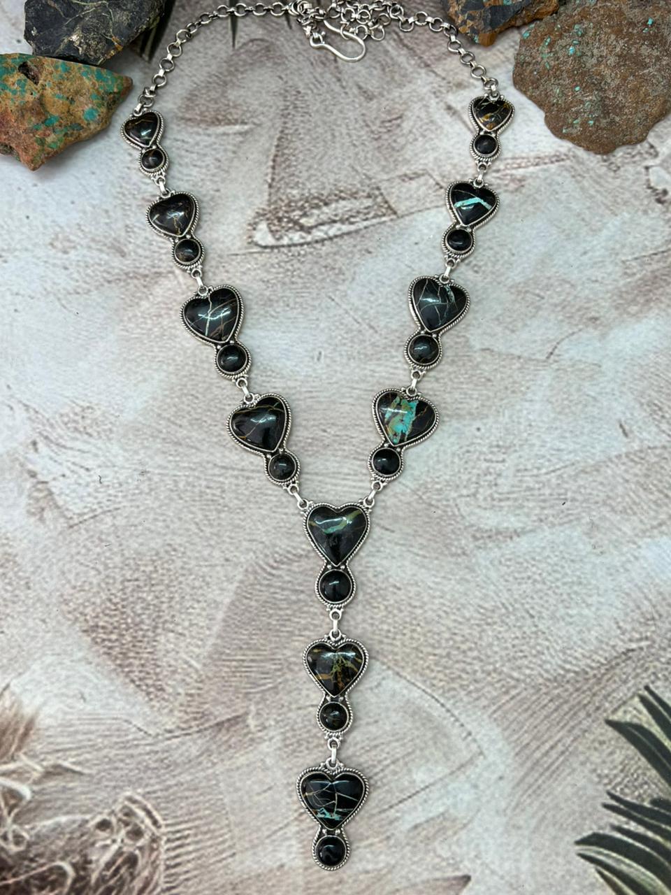 Handmade Sterling Silver Blackjack Turquoise Heart Necklace "Signed Nizhoni"