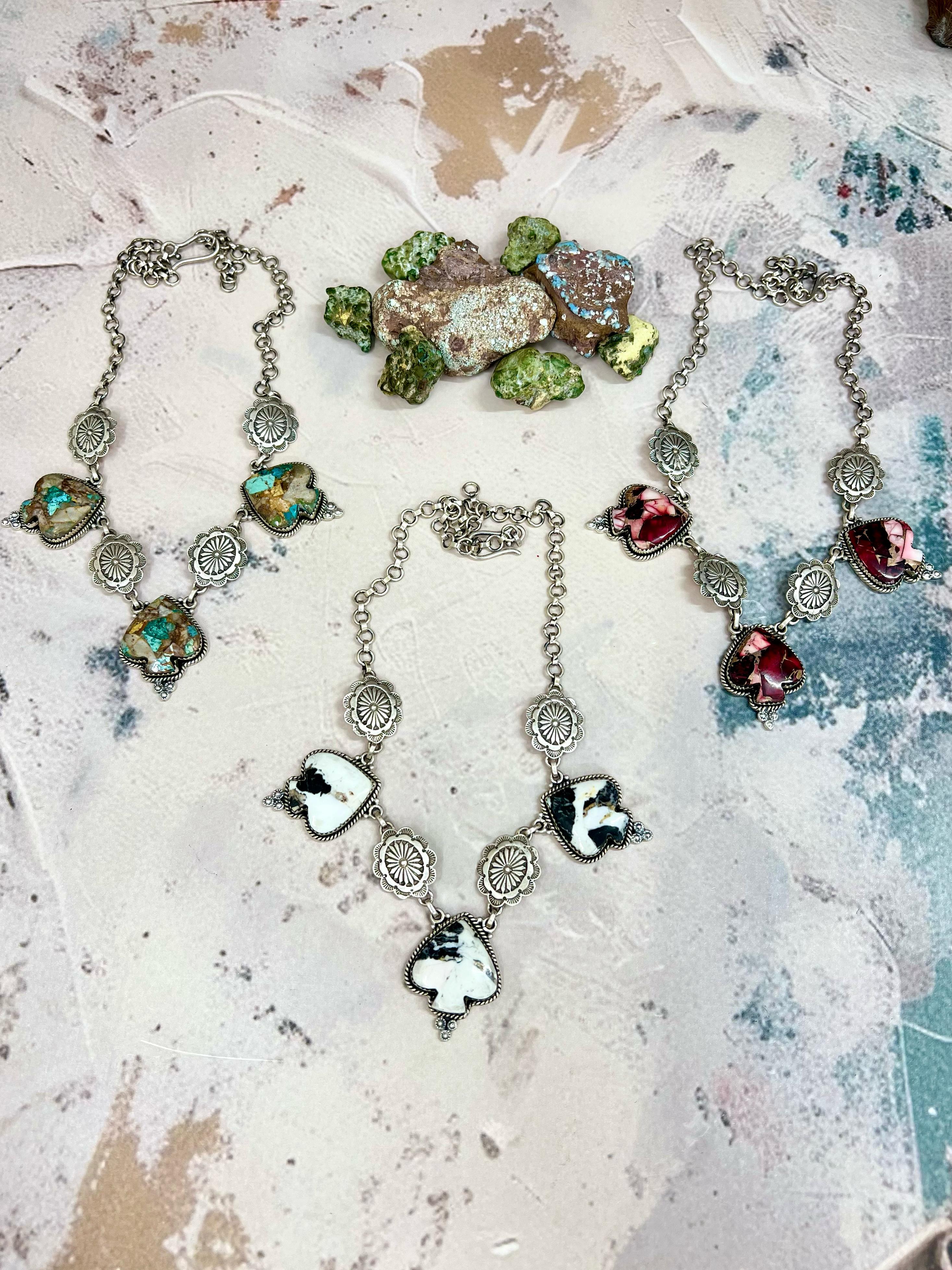 Handmade Sterling Silver White Buffalo, Royston Turquoise, Dahlia Rose Necklace, Signed Nizhoni