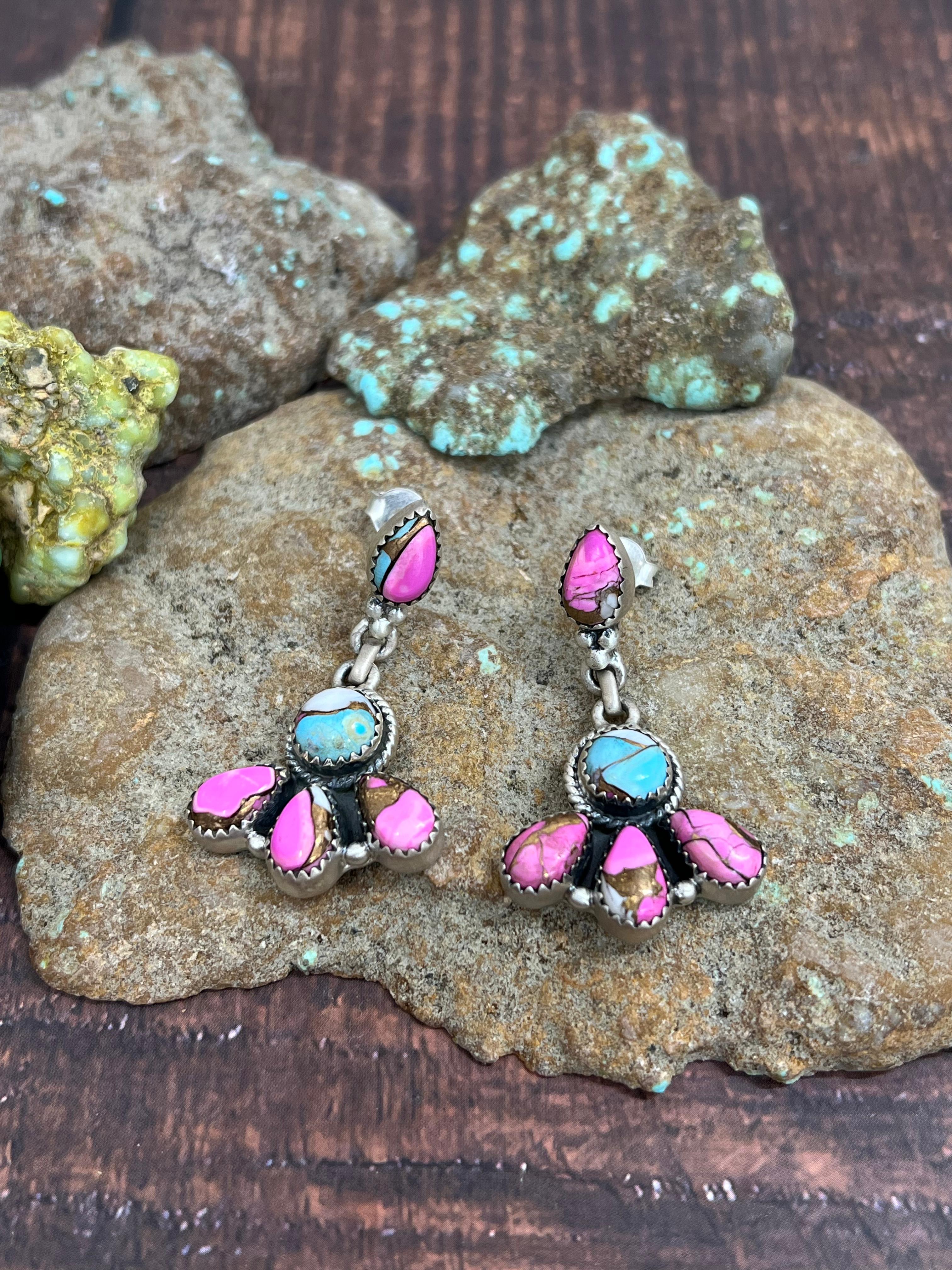 Handmade Sterling Silver Cotton Candy Turquoise Dangle Earrings with Signed Nizhoni