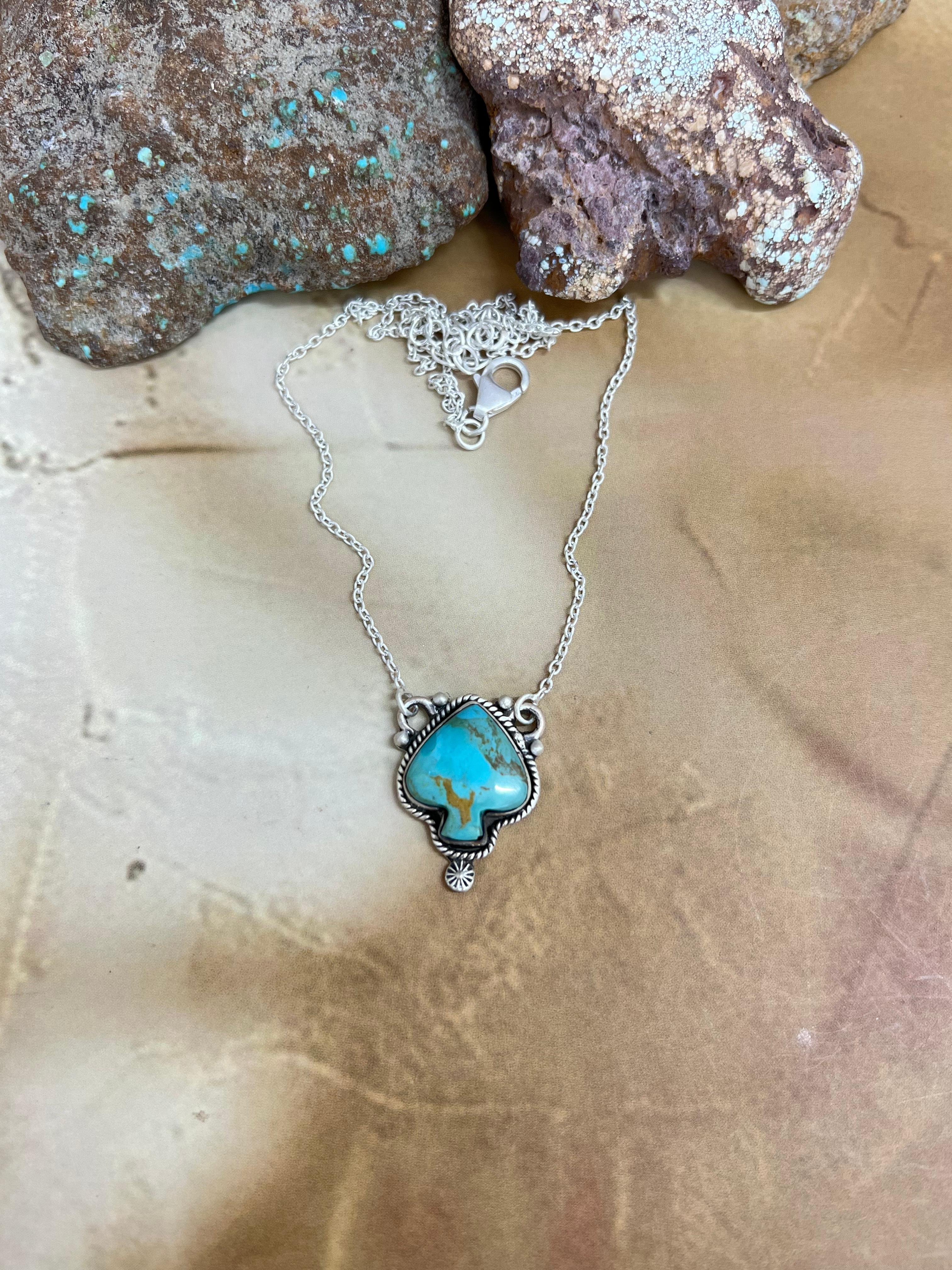 Handmade Sterling Silver Kingman Turquoise Spade Necklace with Signed Nizhoni
