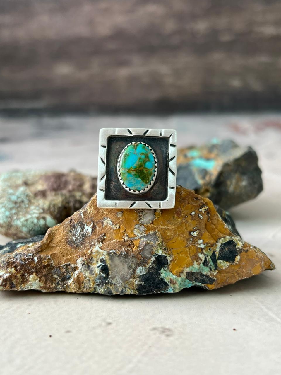 Handmade Sterling Silver Sonoran Mountain Turquoise Adjustable Ring "Signed Nizhoni"