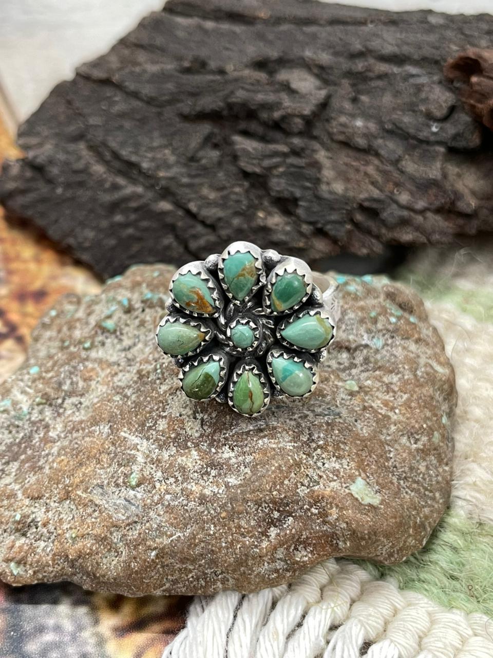 Handmade Sterling Silver Kingman Turquoise Adjustable Ring "Signed Nizhoni"