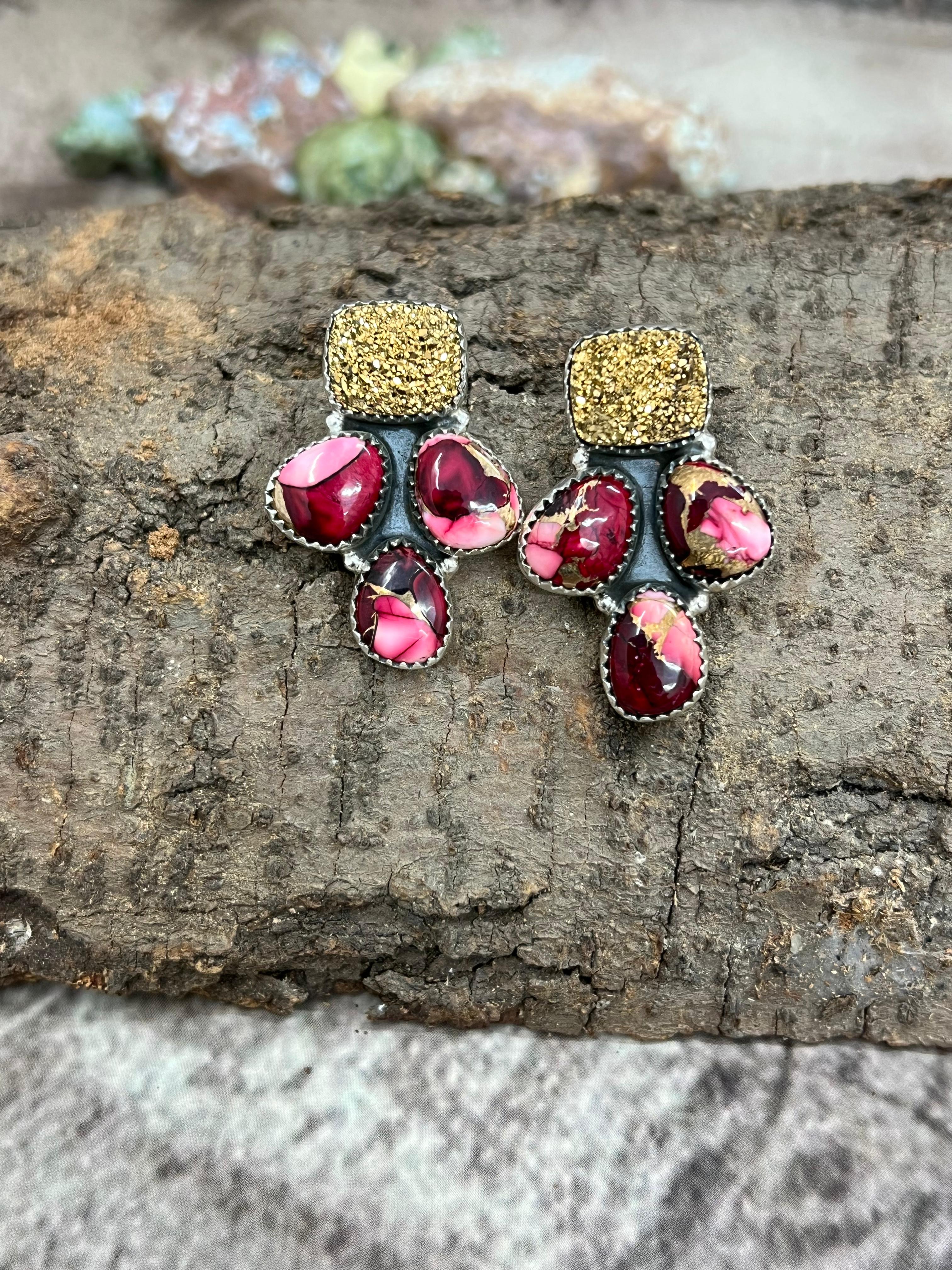 Handmade Sterling Silver Dahlia Rose with Druzy Post Earrings with Signed Nizhoni