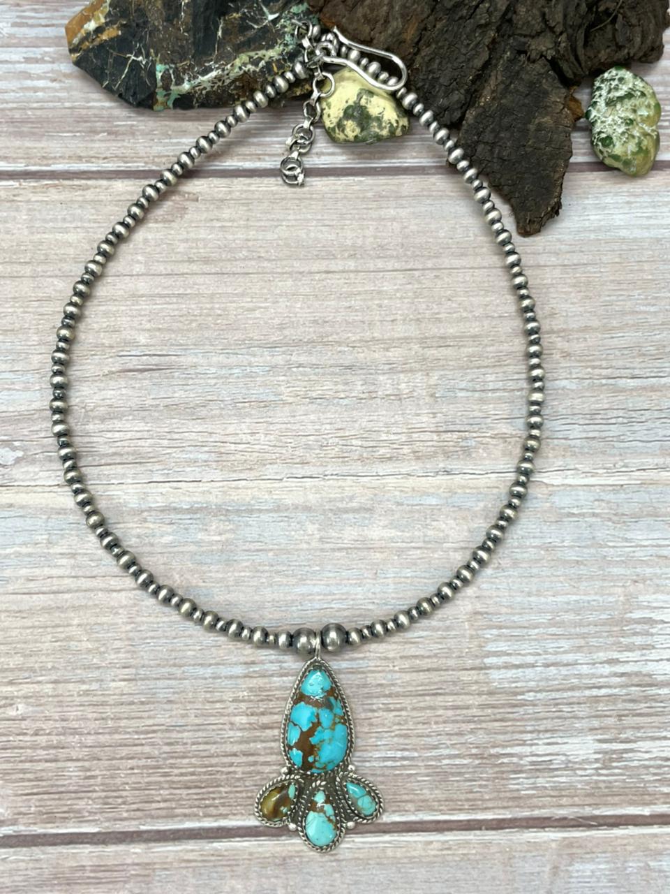 Handmade Sterling Silver Number 8 Turquoise Beaded Necklace "Signed Nizhoni"