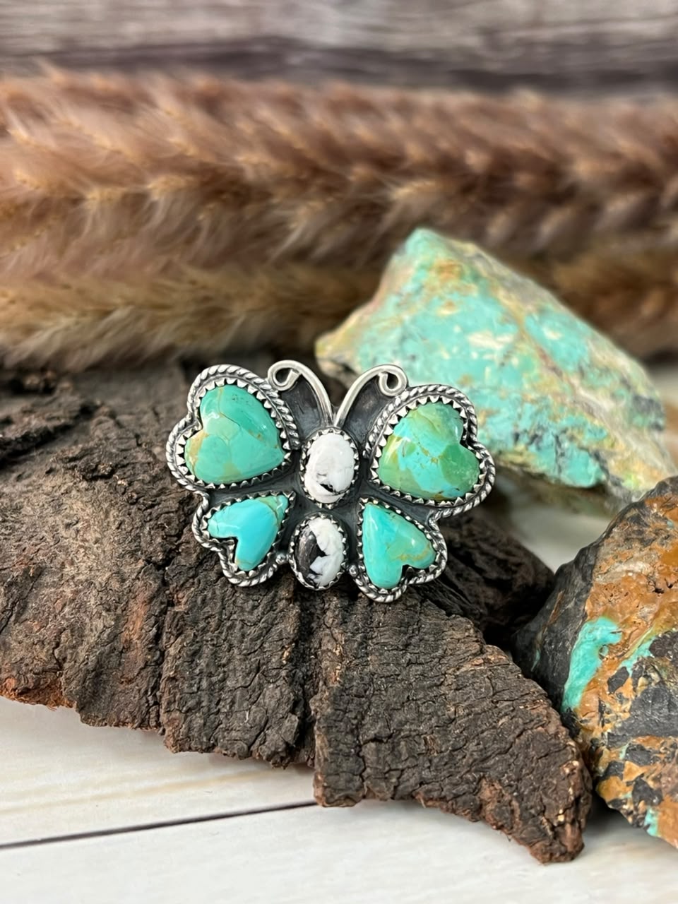 Handmade Sterling Silver Kingman Turquoise and White Buffalo Butterfly Adjustable Ring Signed Nizhoni