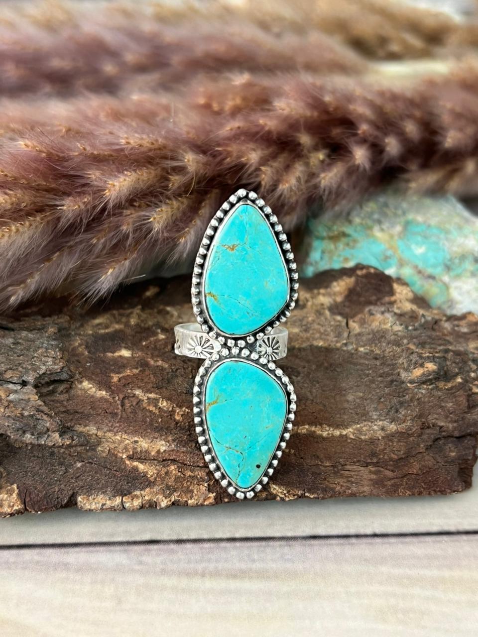 Handmade Sterling Silver Green Kingman Turquoise Collection: Adjustable Ring Signed Nizhoni
