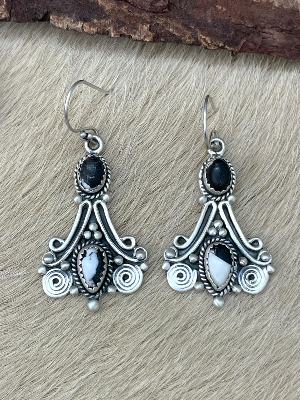 Handmade Sterling Silver White Buffalo Hook Dangle Earrings "Signed Nizhoni"