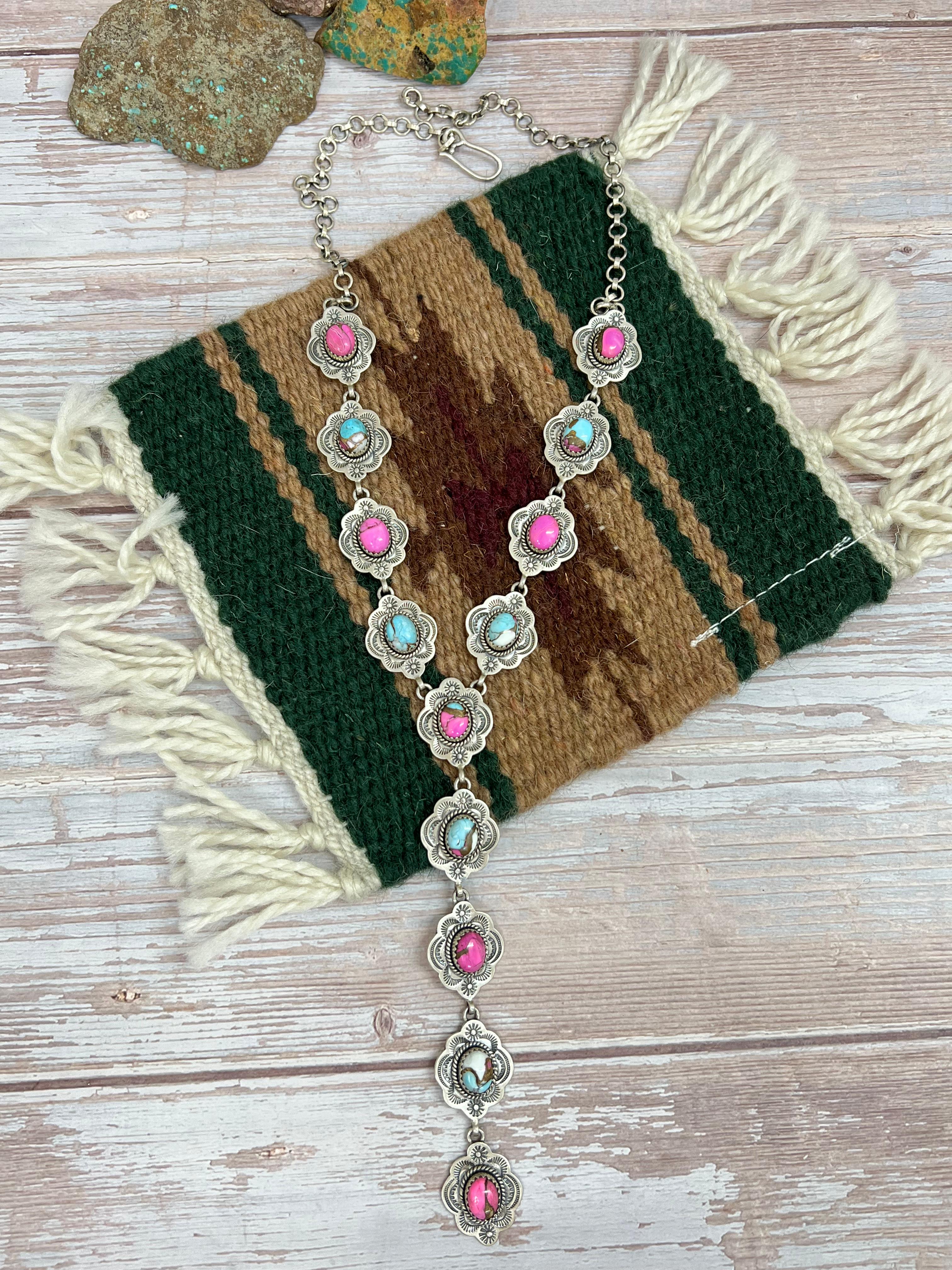 Handmade Sterling Silver Cotton Candy Turquoise Necklace with Signed Nizhoni