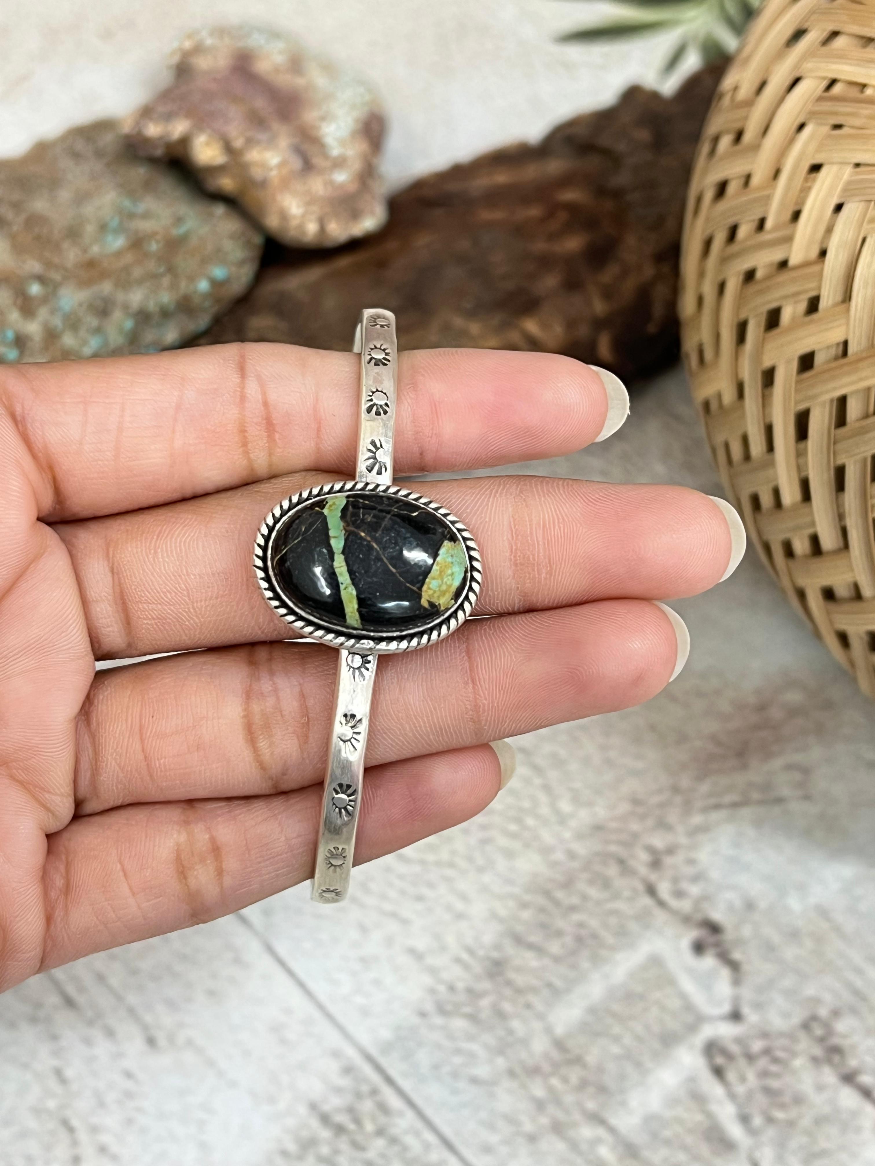 Handmade Sterling Silver Blackjack Cuff Bracelet with Signed Nizhoni