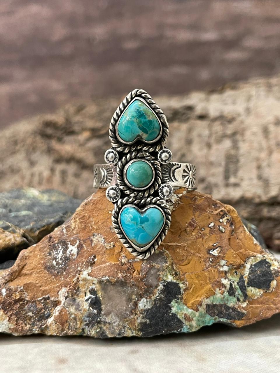"Heart Collection" Handmade Sterling Silver Kingman Turquoise Adjustable Ring "Signed Nizhoni"