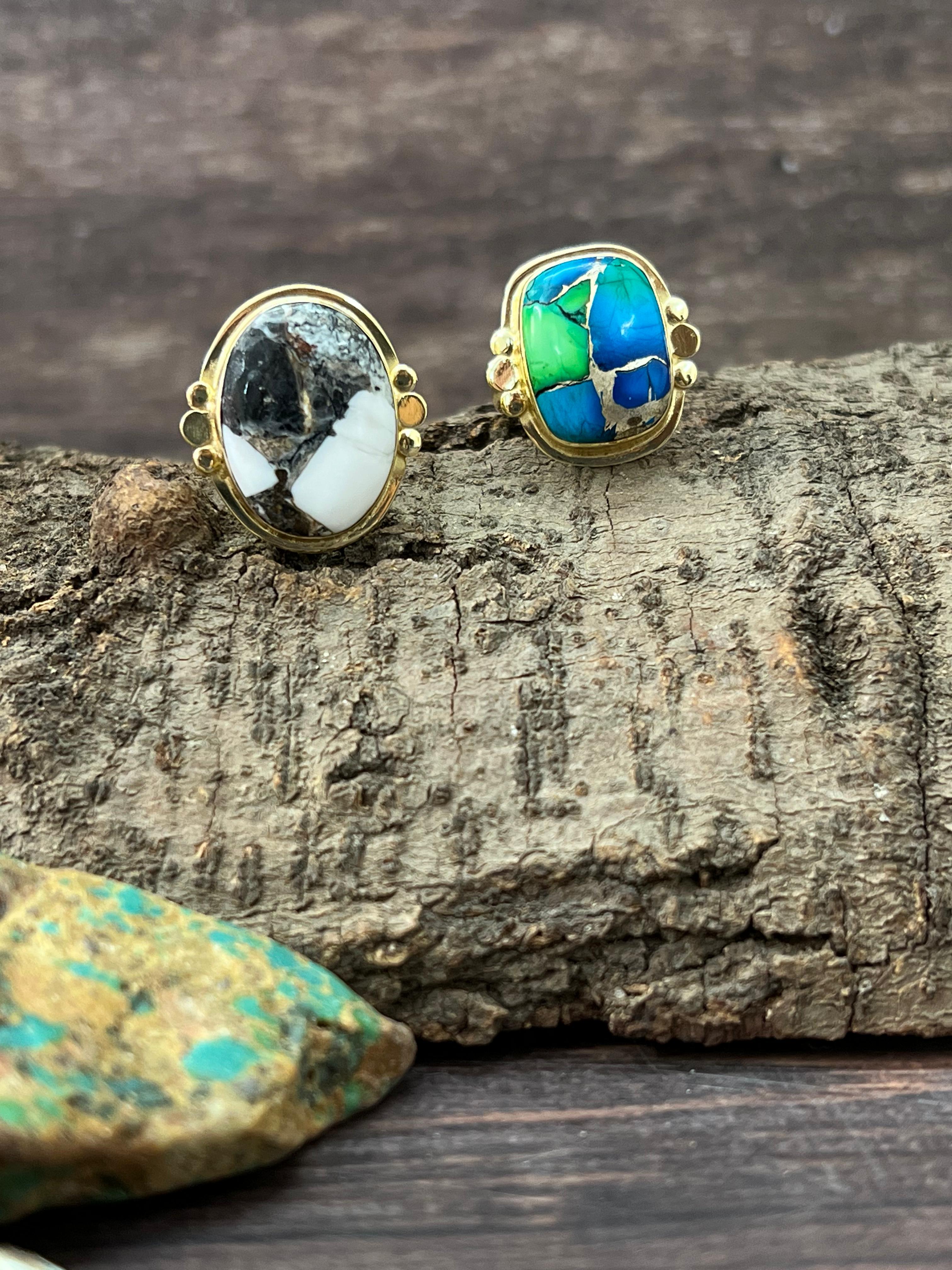 “The Golden Collection” Natural White Buffalo, Peacock Dahlia Adjustable Ring