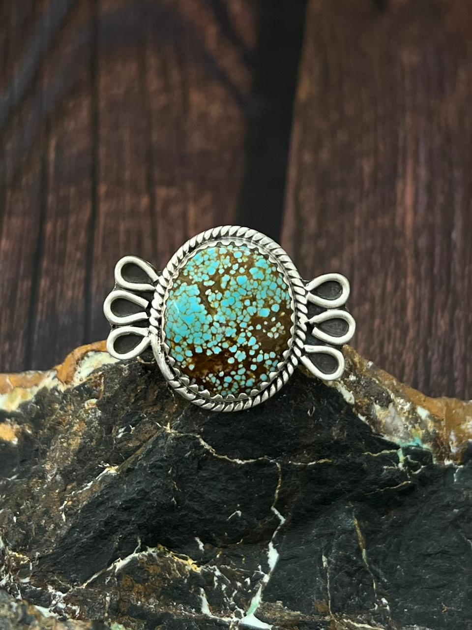Handmade Sterling Silver Number 8 Turquoise Adjustable Ring "Singed Nizhoni"