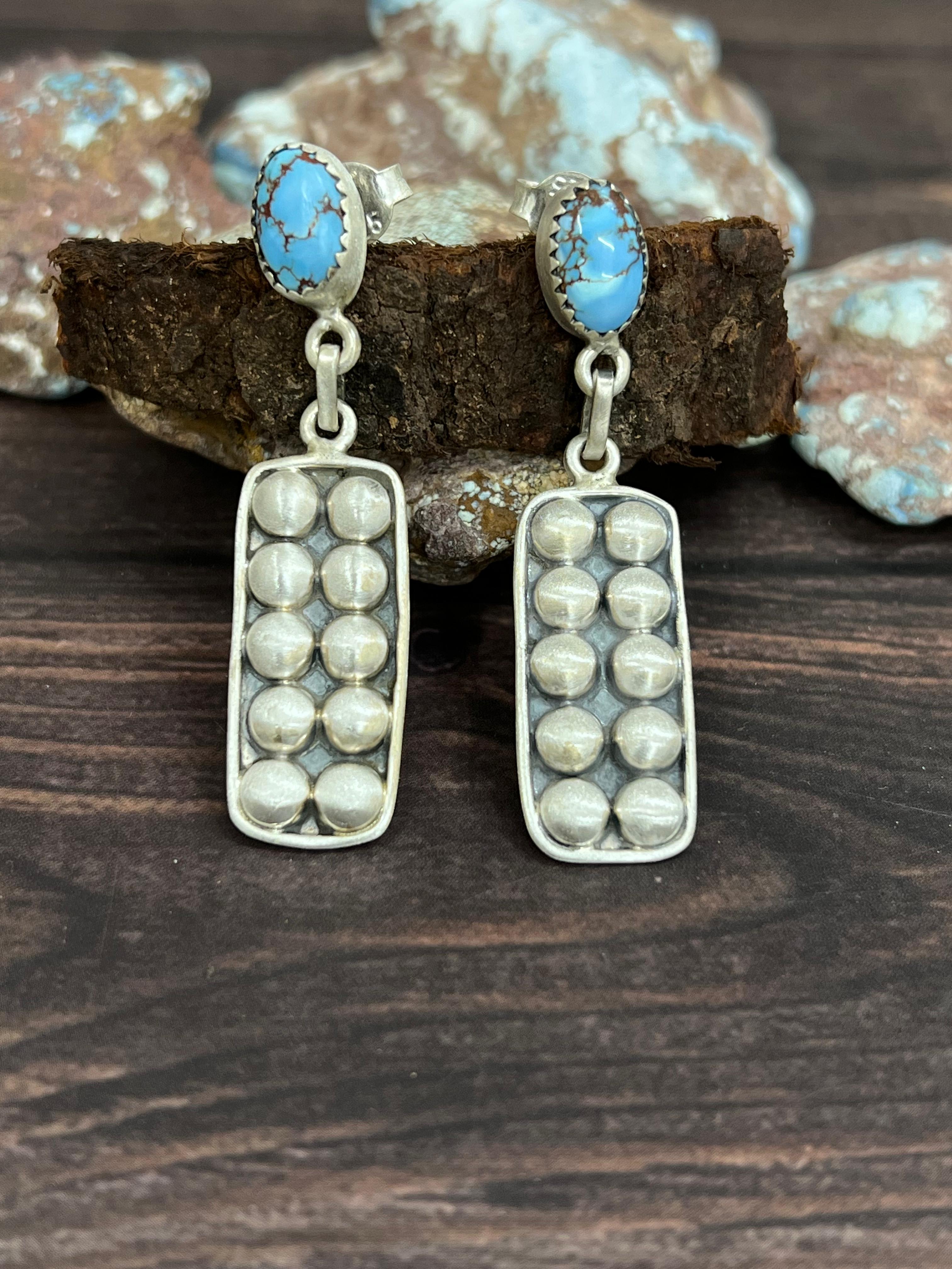 Handmade Sterling Silver Golden Hills Turquoise Post Dangle Earrings with Signed Nizhoni