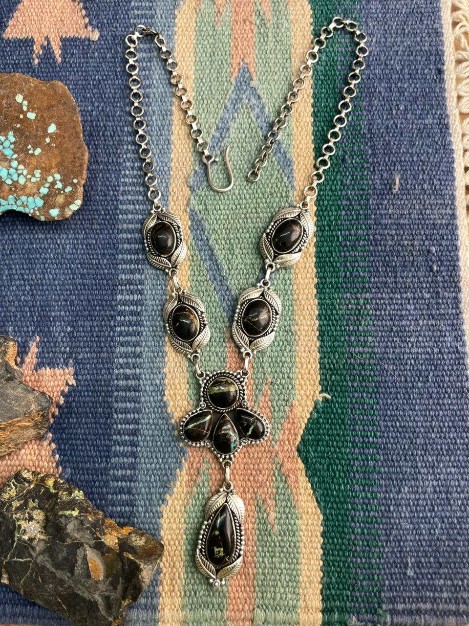 Handmade Sterling Silver Blackjack Turquoise Necklace "Signed Nizhoni"