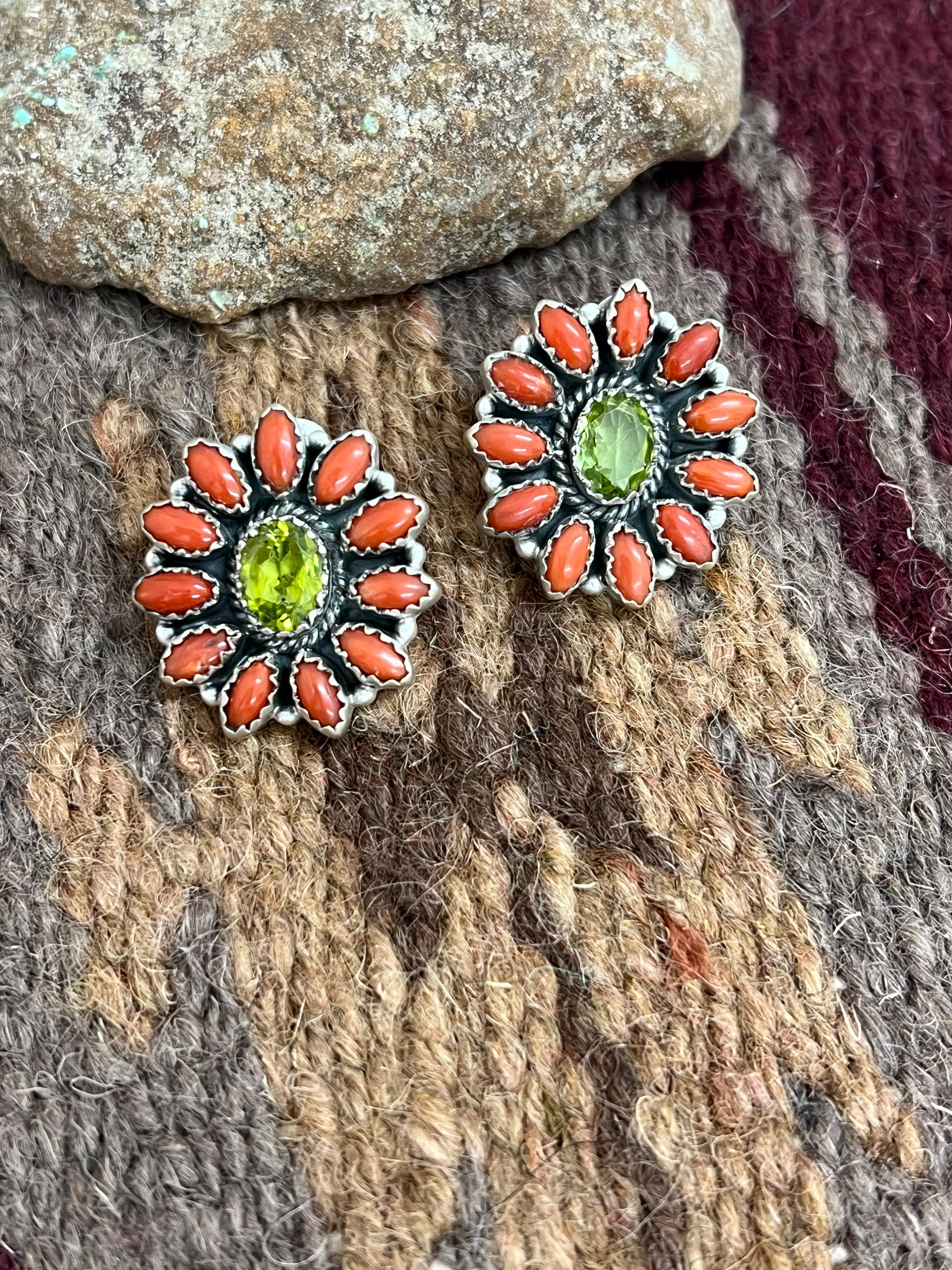 Christmas Handmade Sterling Silver Coral with Peridot Post Studs, Signed Nizhoni