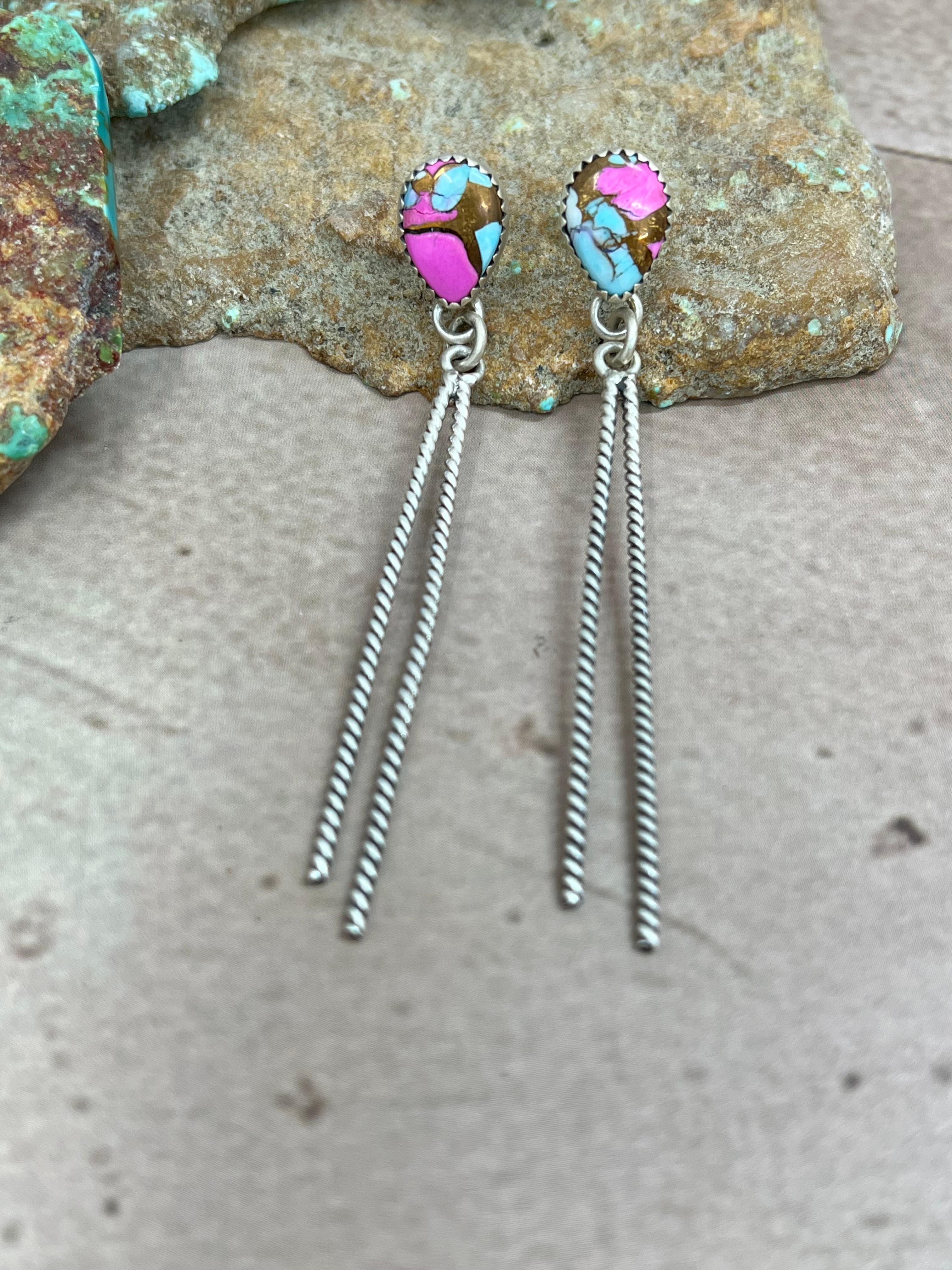 Handmade Sterling Silver Cotton Candy Turquoise Dangle Earrings with Signed Nizhoni