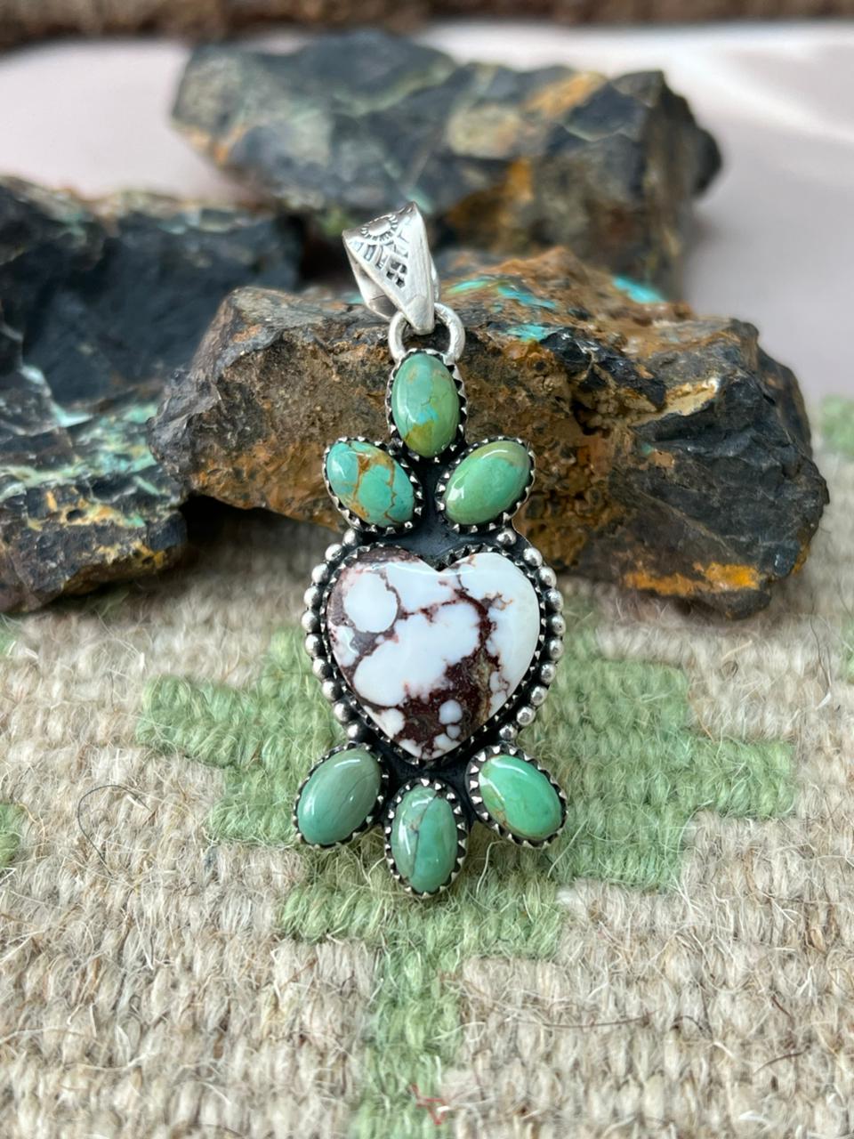 Handmade Sterling Silver Kingman Turquoise with Wildhorse Pendant "Signed Nizhoni"