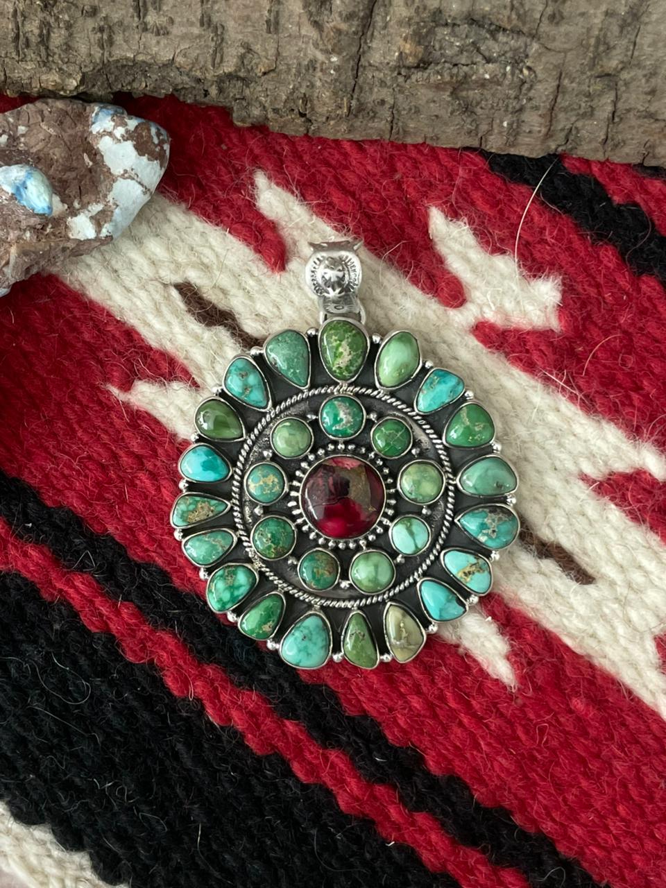Handmade Sterling Silver Dahlia Rose with Emerald Valley Turquoise Pendant "Signed Nizhoni"