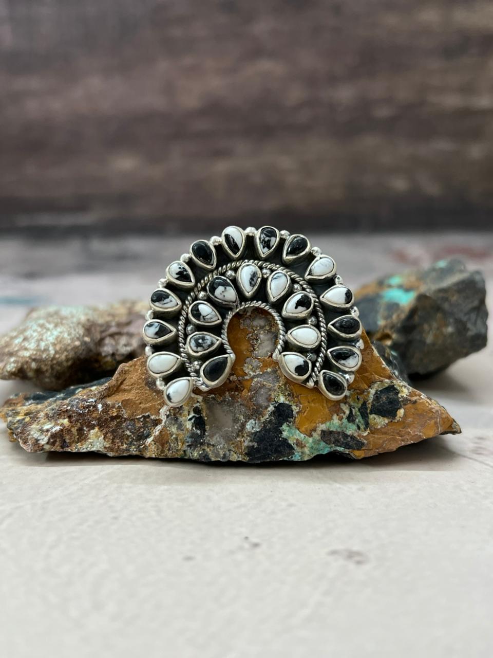 Handmade Sterling Silver White Buffalo Turquoise Naja Adjustable Ring "Signed Nizhoni"