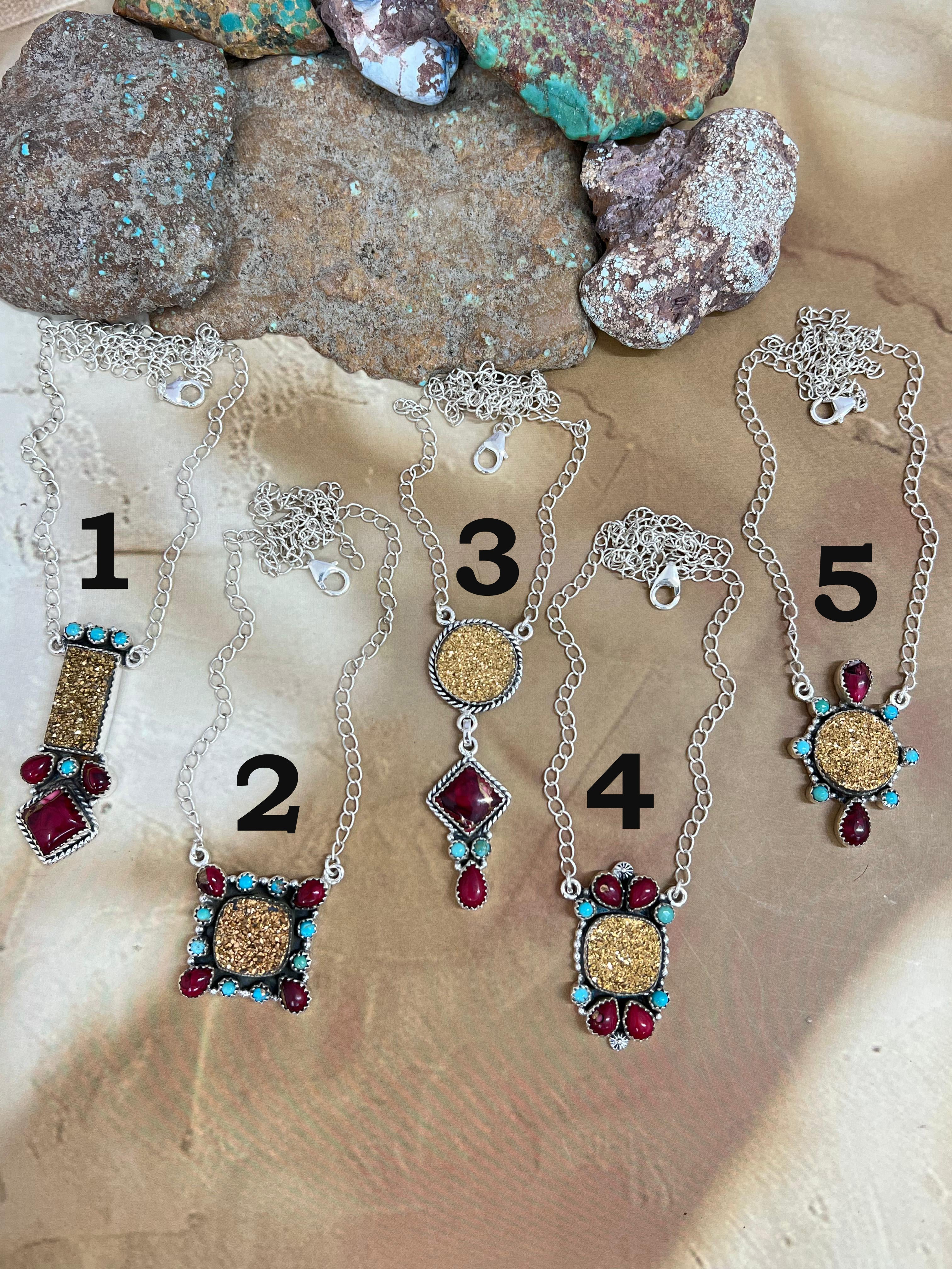 Handmade Sterling Silver Dahlia Rose with Druzy & Kingman Necklace, Signed Nizhoni