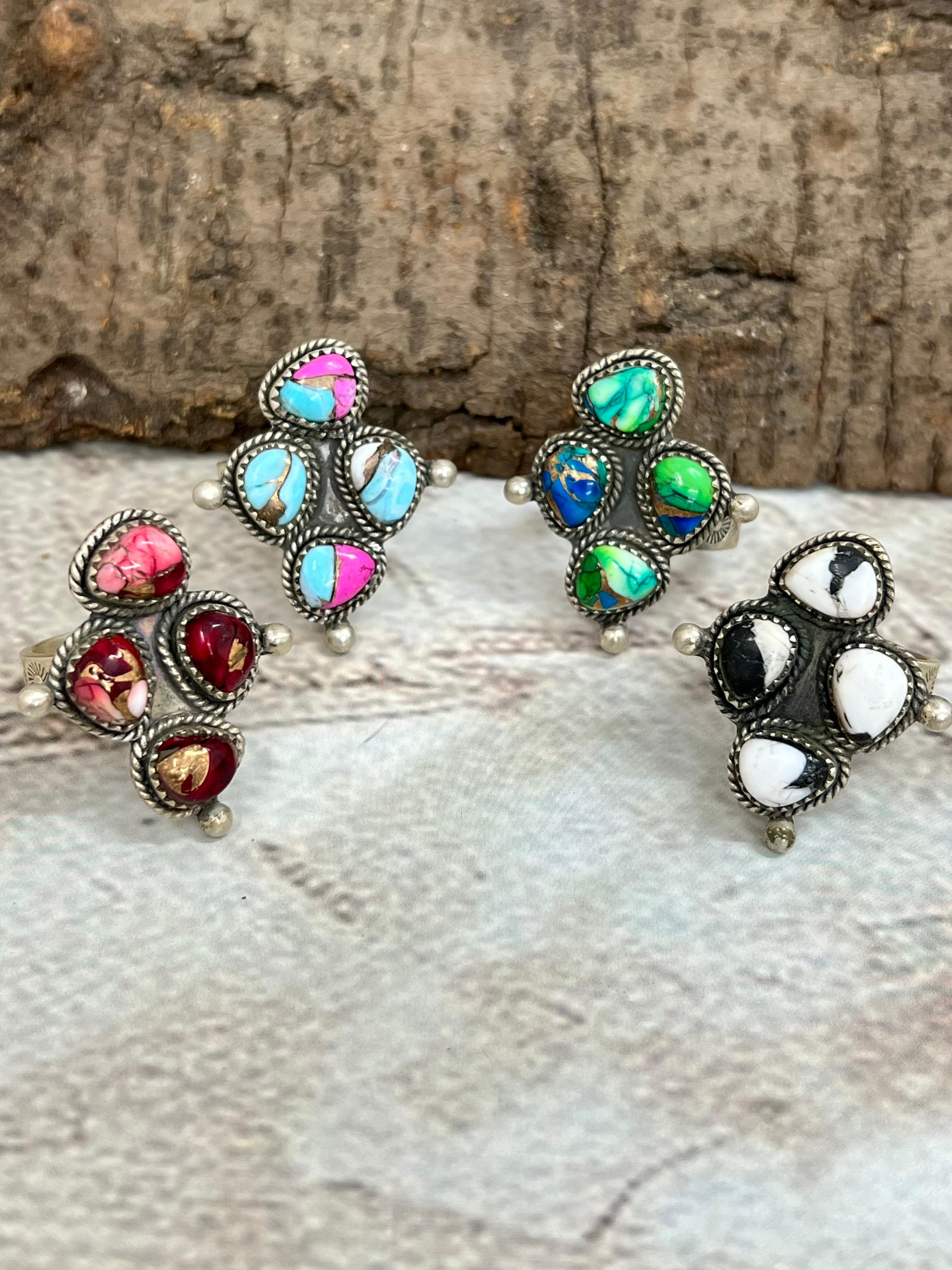 Handmade Sterling Silver Peacock Dahlia, Cotton Candy, Dahlia Rose, White Buffalo Turquoise Adjustable Ring, Signed Nizhoni