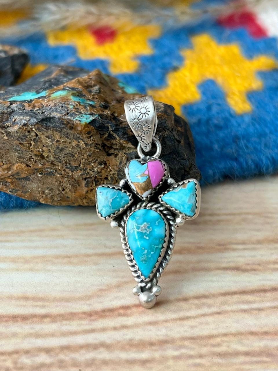 Handmade Sterling Silver Cotton Candy with White Water Turquoise Pendant "Signed Nizhoni"