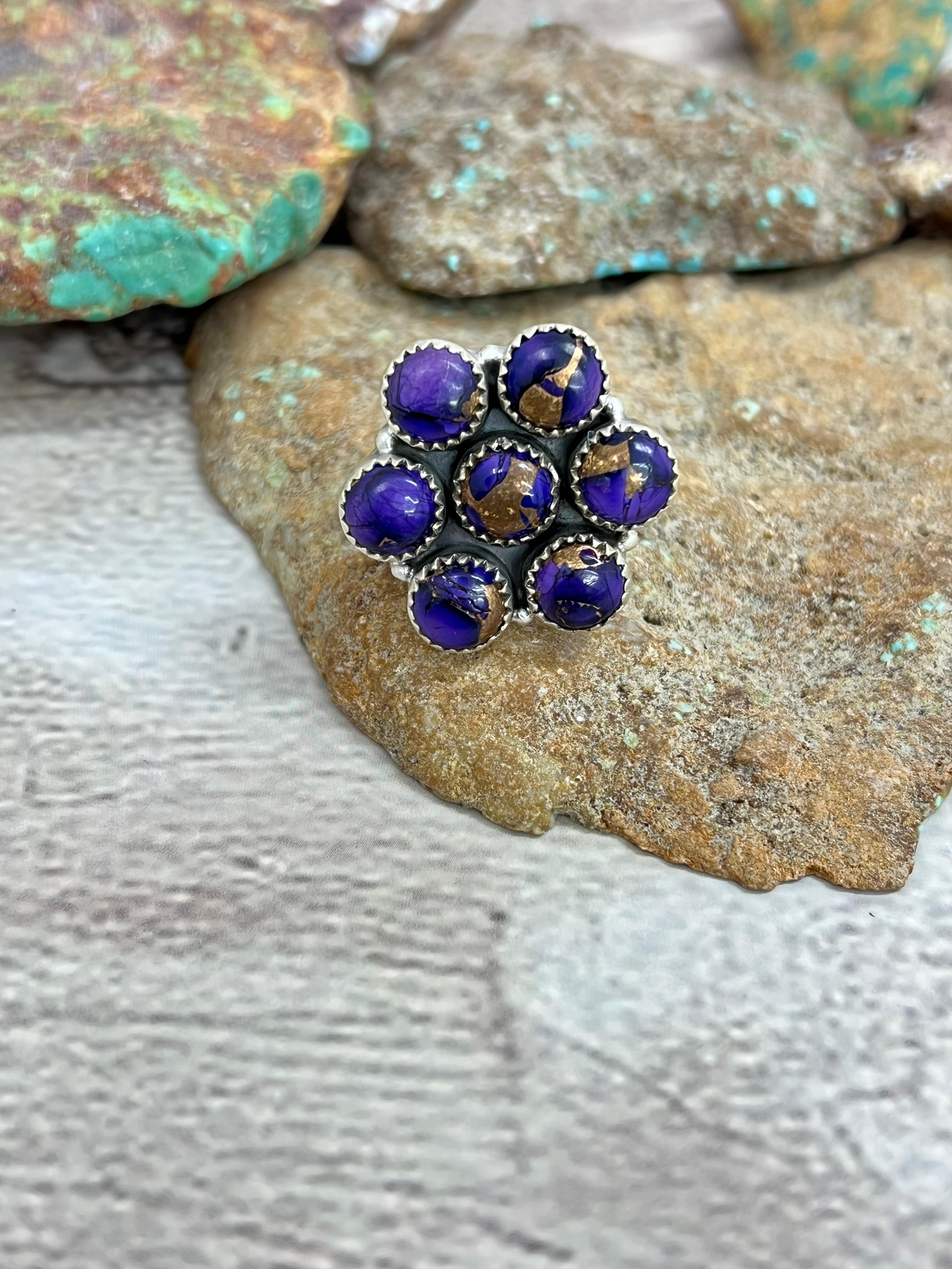 Handmade Sterling Silver Grape Dahlia Adjustable Ring with Signed Nizhoni