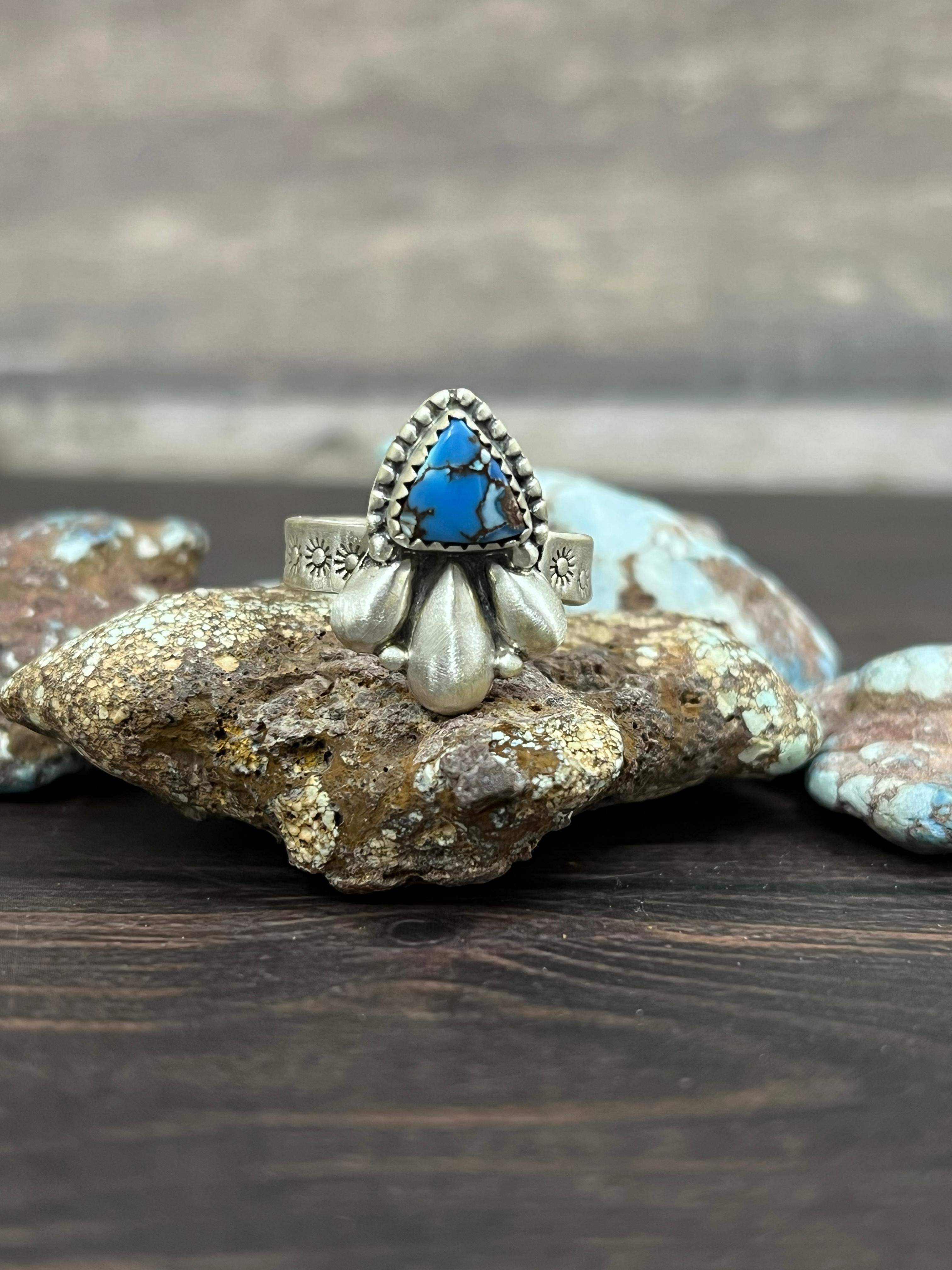 Handmade Sterling Silver with Golden Hills Turquoise Adjustable Ring With Signed Nizhoni