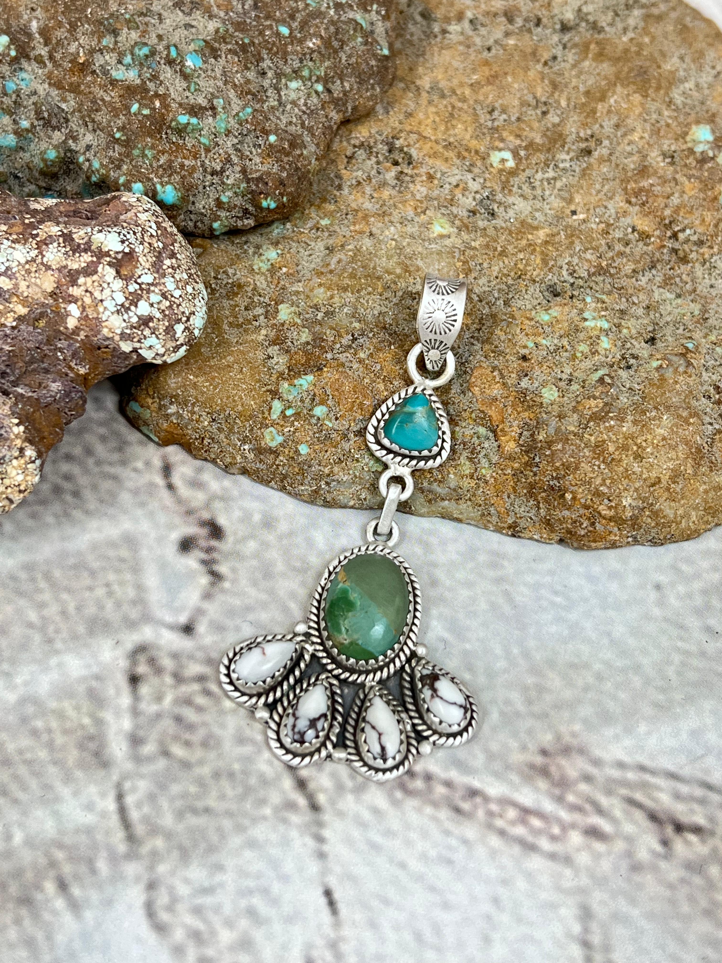 Handmade Sterling Silver Kingman Turquoise with Wild Horse Magnesite Pendant Signed Nizhoni