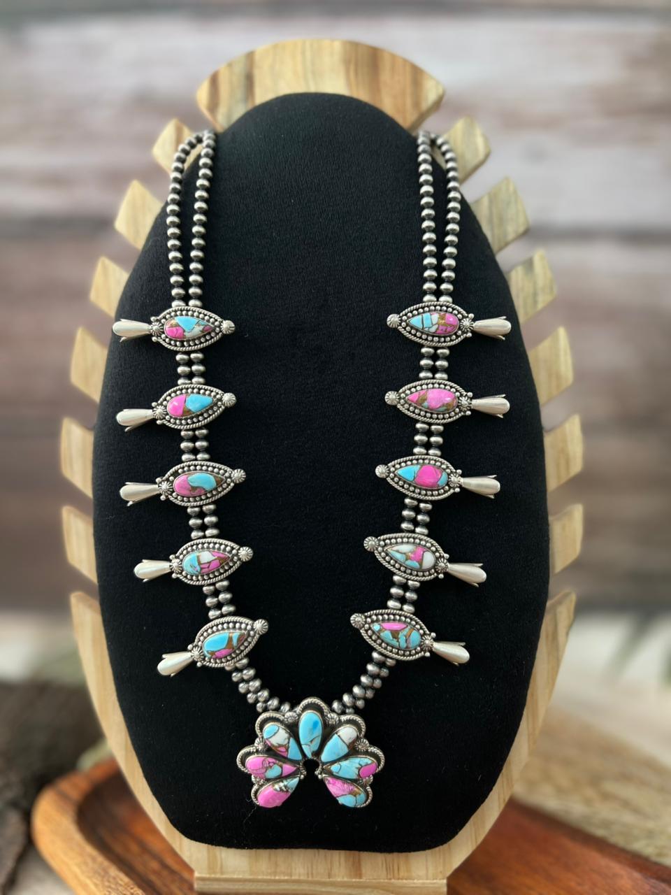 Handmade Sterling Silver Cotton Candy Squash Blossom Beaded Necklace "Signed Nizhoni"