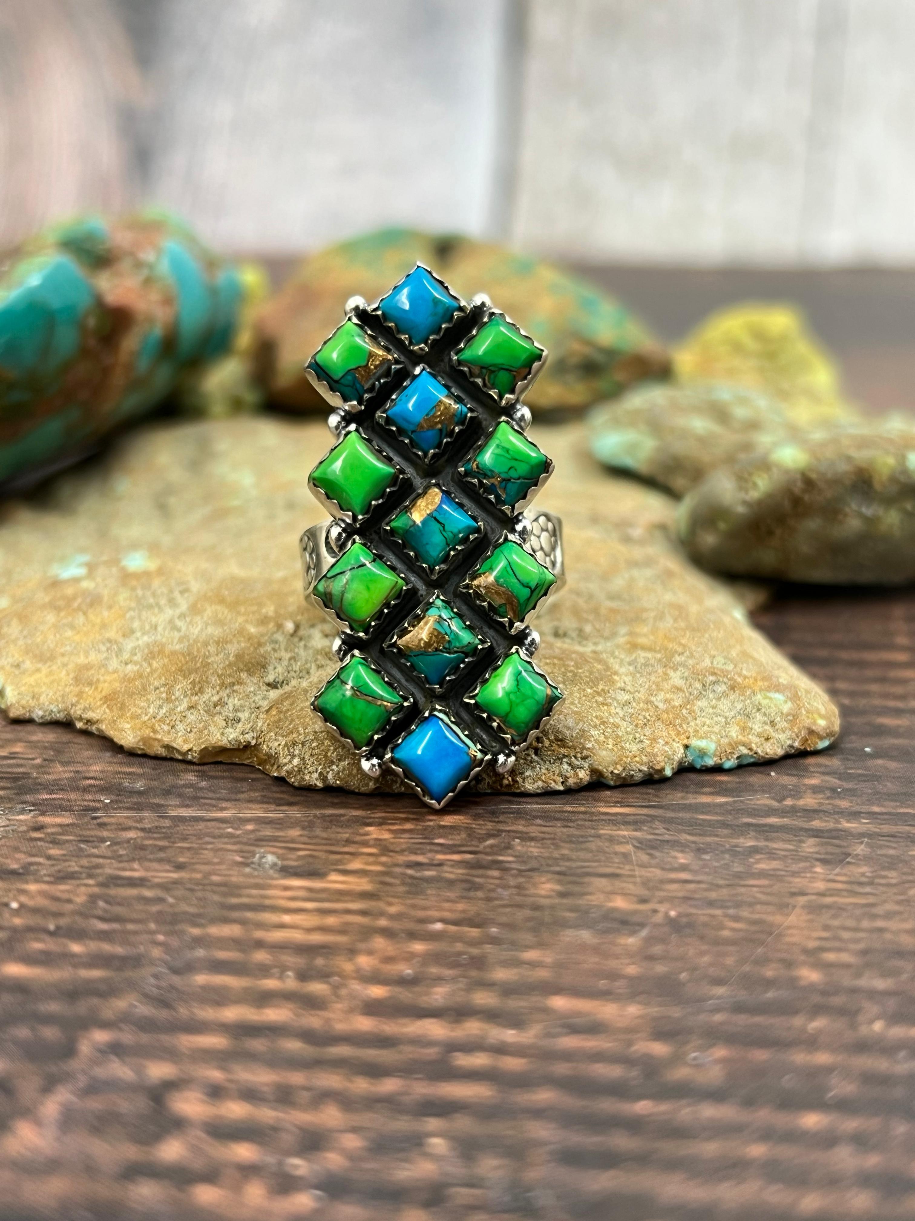 Handmade Sterling Silver Peacock Dahlia Adjustable Ring with Signed Nizhoni