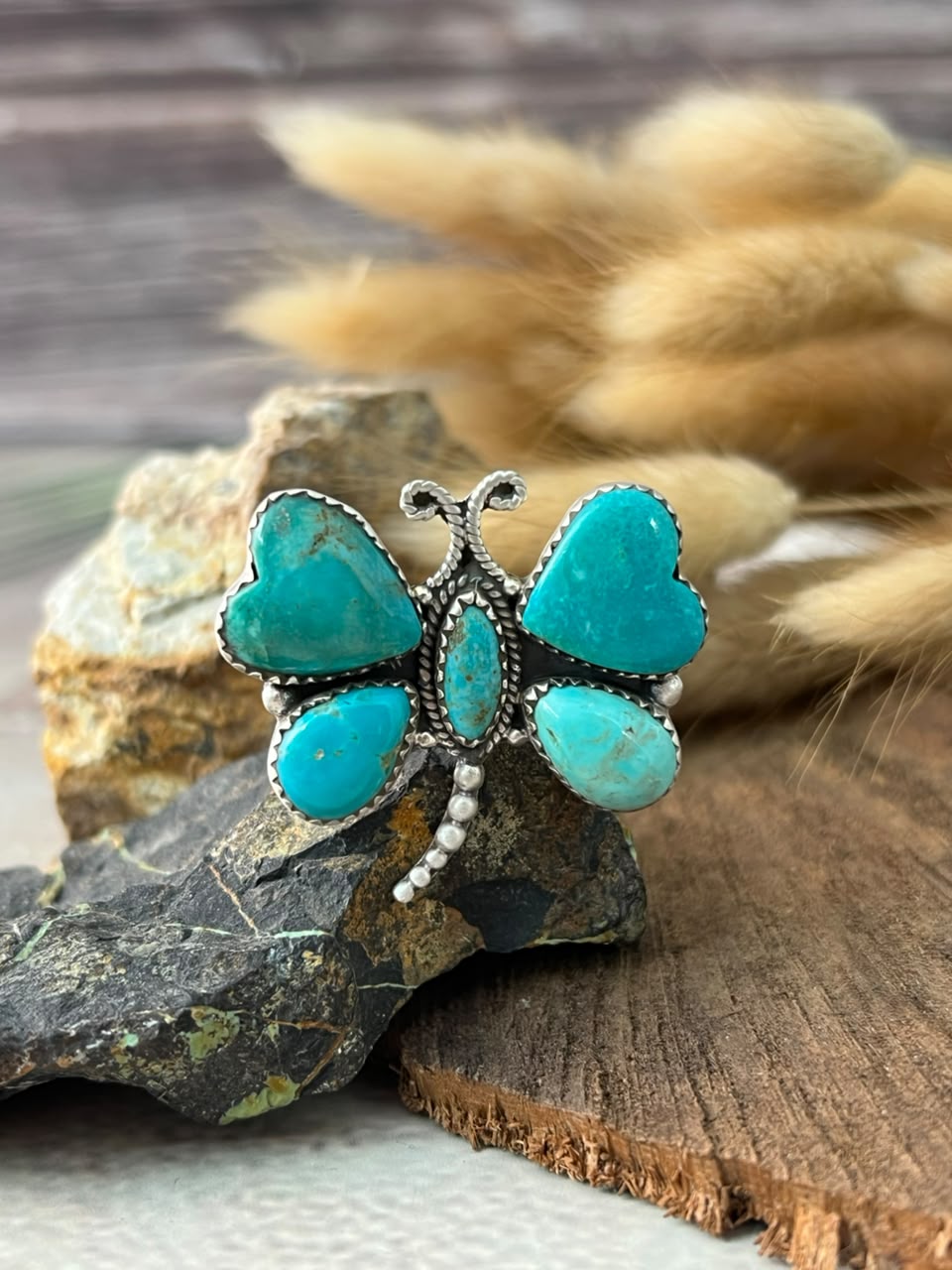 Handmade Sterling Silver Santa Maria Turquoise Dragonfly Adjustable Ring Signed Nizhoni