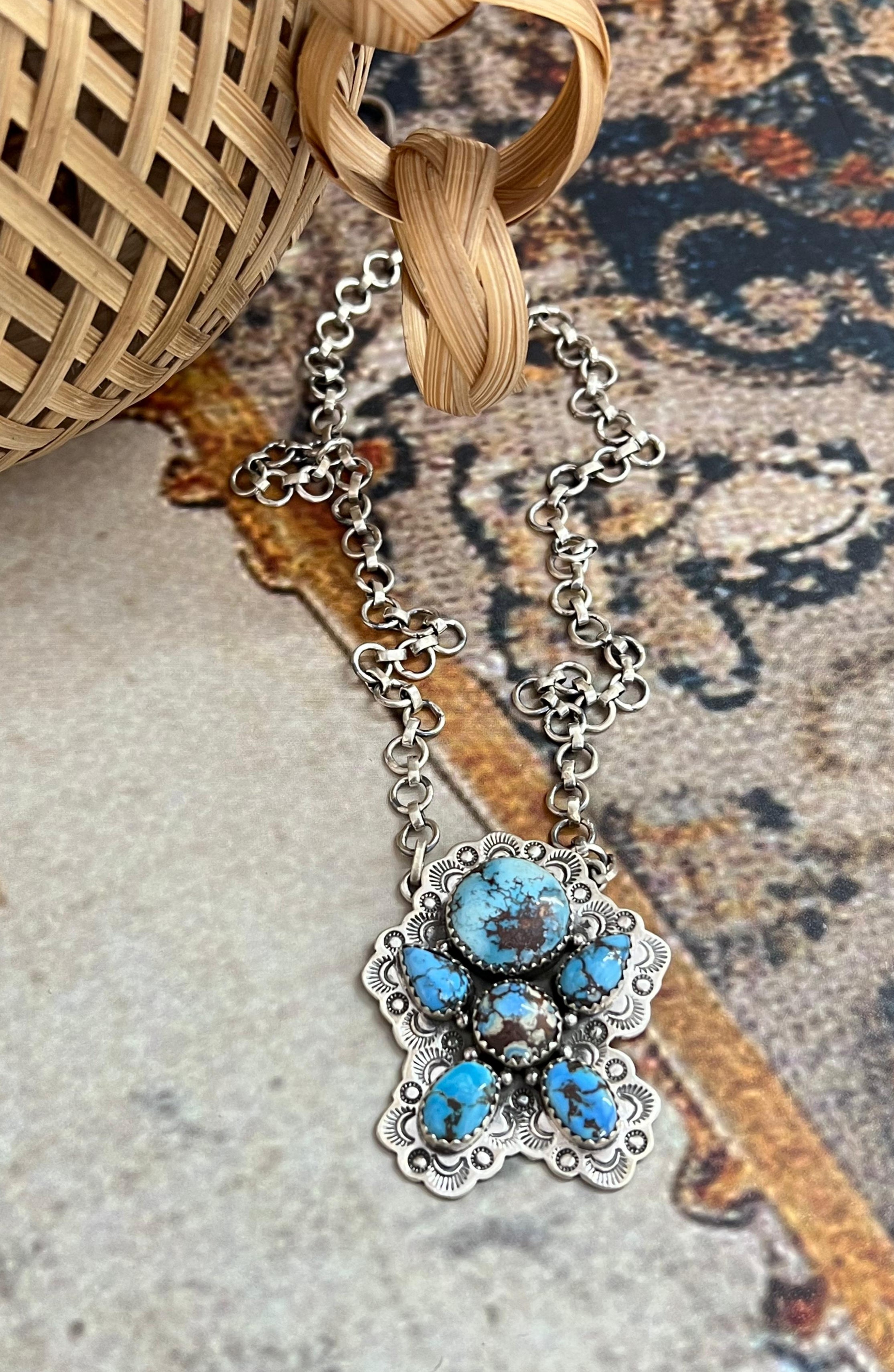 Handmade Sterling Silver Golden Hills Turquoise Necklace with Signed Nizhoni