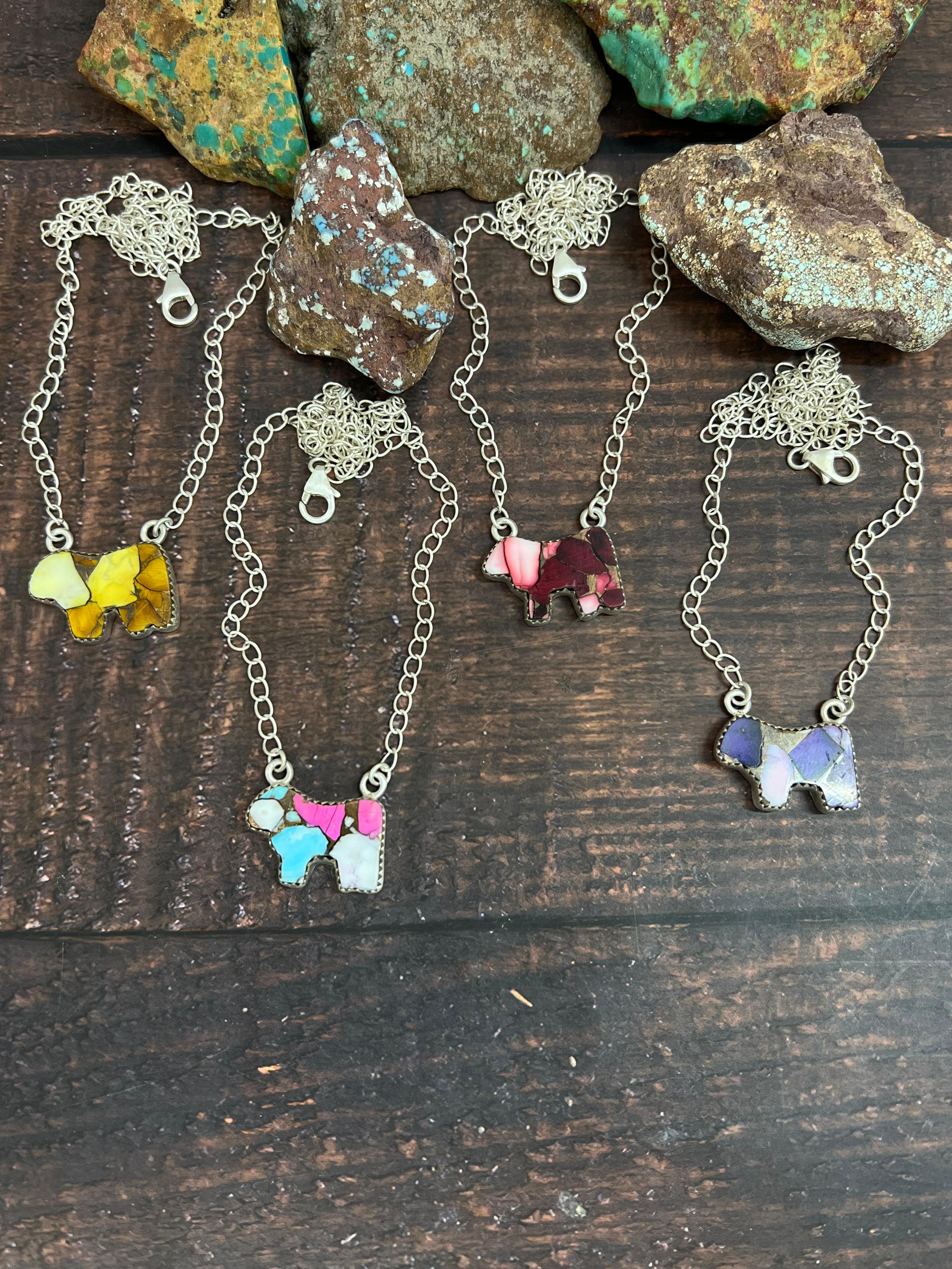 Handmade Sterling Silver Multi Gemstone Bull Necklace with Signed Nizhoni