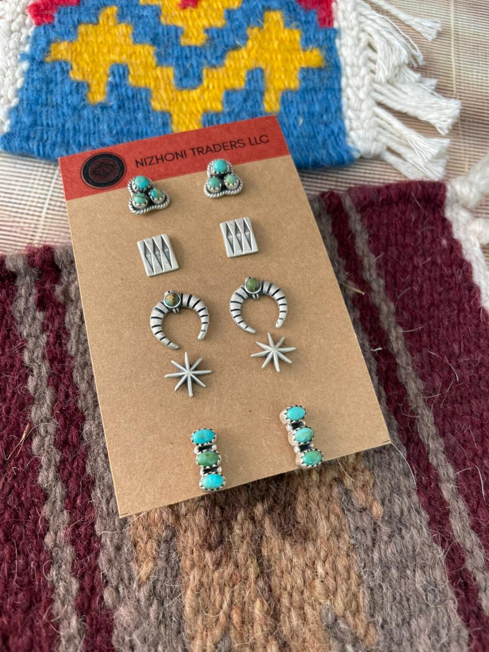 Handmade Sterling Silver Kingman Turquoise Post Studs Earrings Set