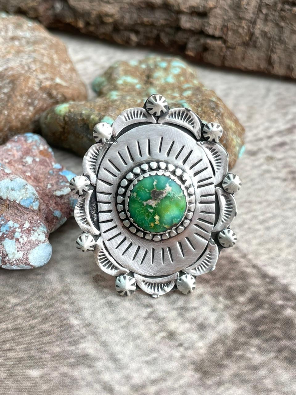 Handmade Sterling Silver Sonoran Mountain Turquoise Adjustable Ring with Signed Nizhoni