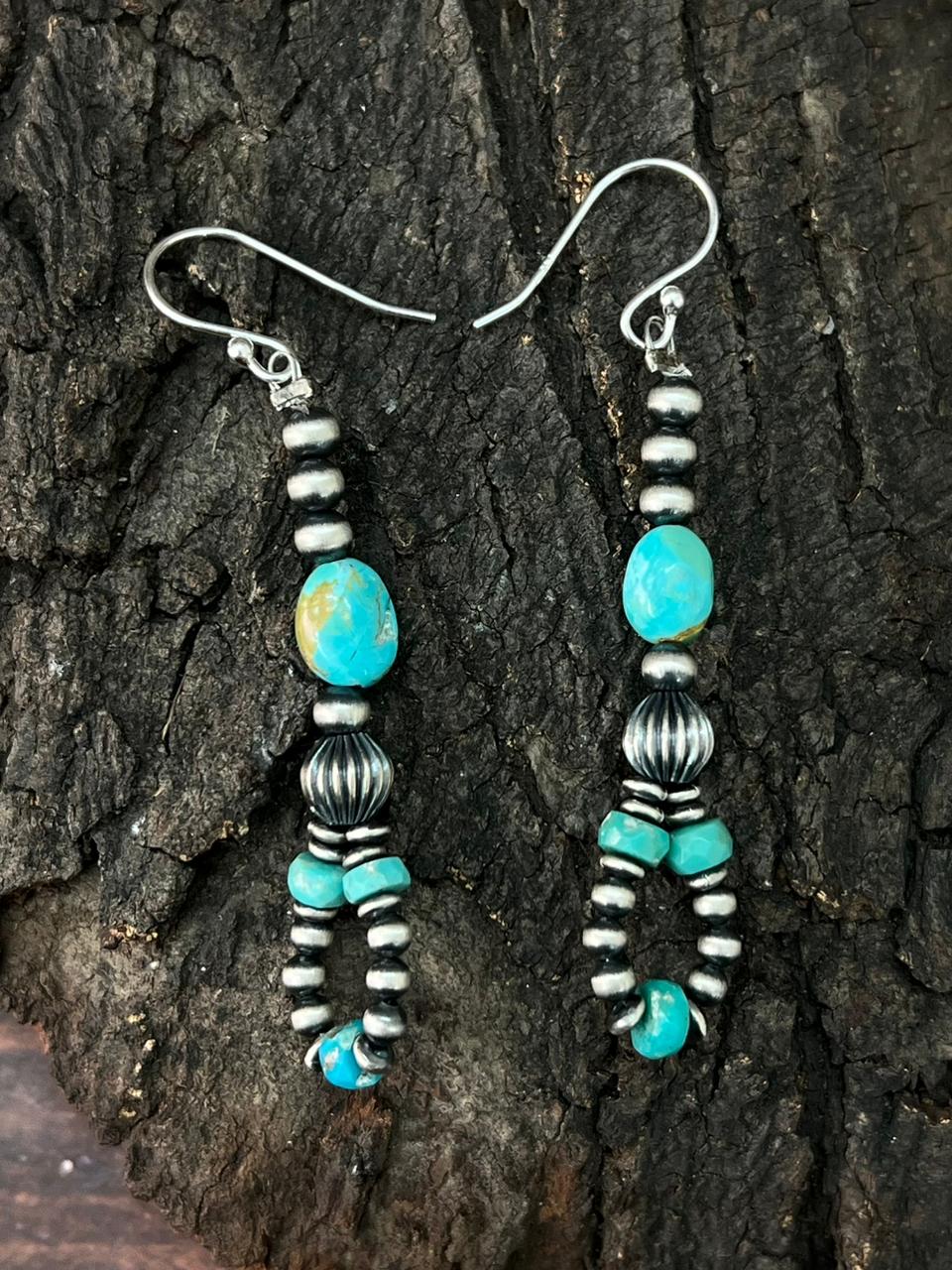 Handmade Sterling Silver Beaded Kingman with Mojave Hook Dangle Earrings