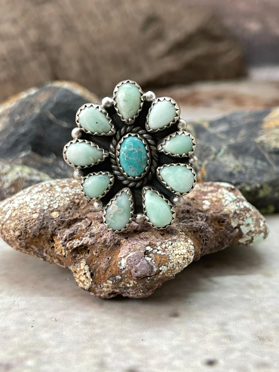 Handmade Sterling Silver White Water with Paloma Adjustable Ring "Signed Nizhoni"