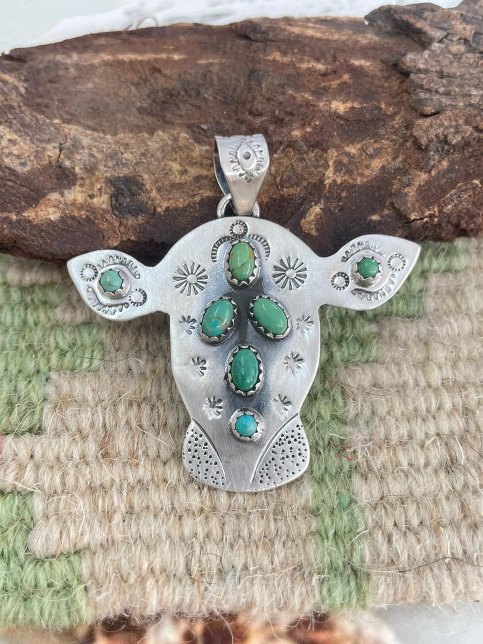 Handmade Sterling Silver Kingman Turquoise Bull Pendant "Signed Nizhoni"