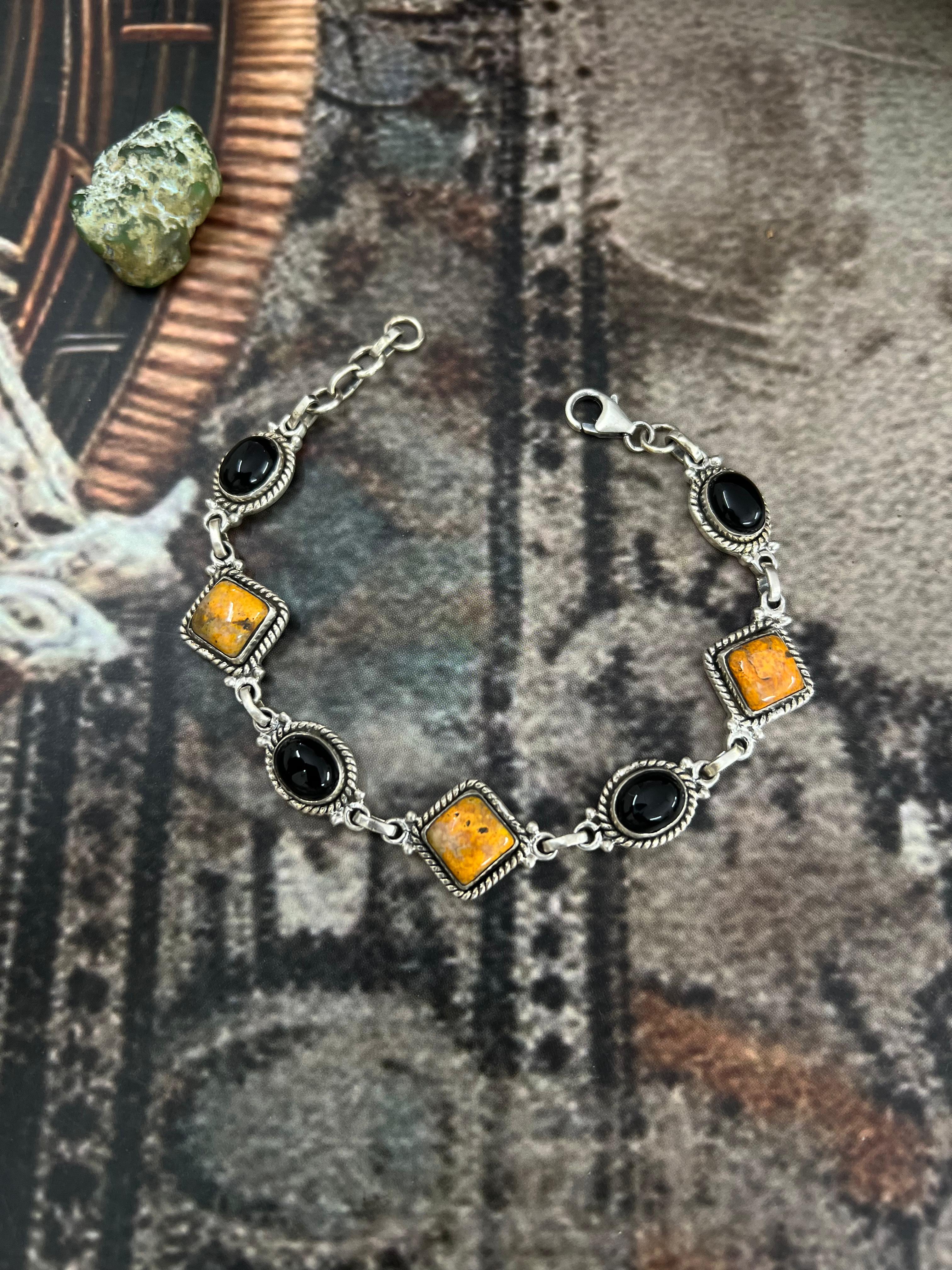 "Halloween Collection" Handmade Sterling Silver Black Onyx, Bumblebee Chain Bracelet with Signed Nizhoni