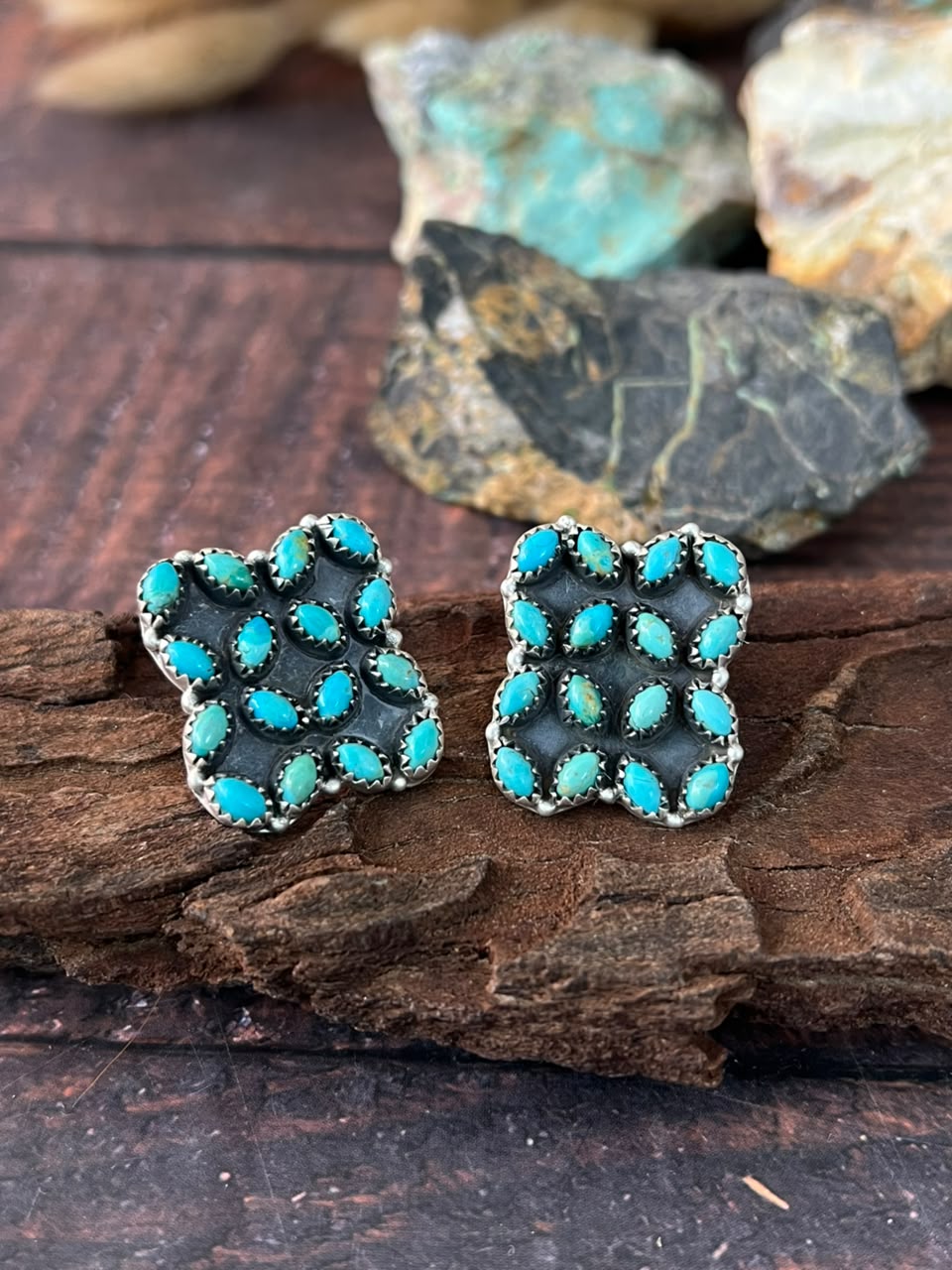 Handmade Sterling Silver Kingman Turquoise Post Studs Earrings Signed Nizhoni