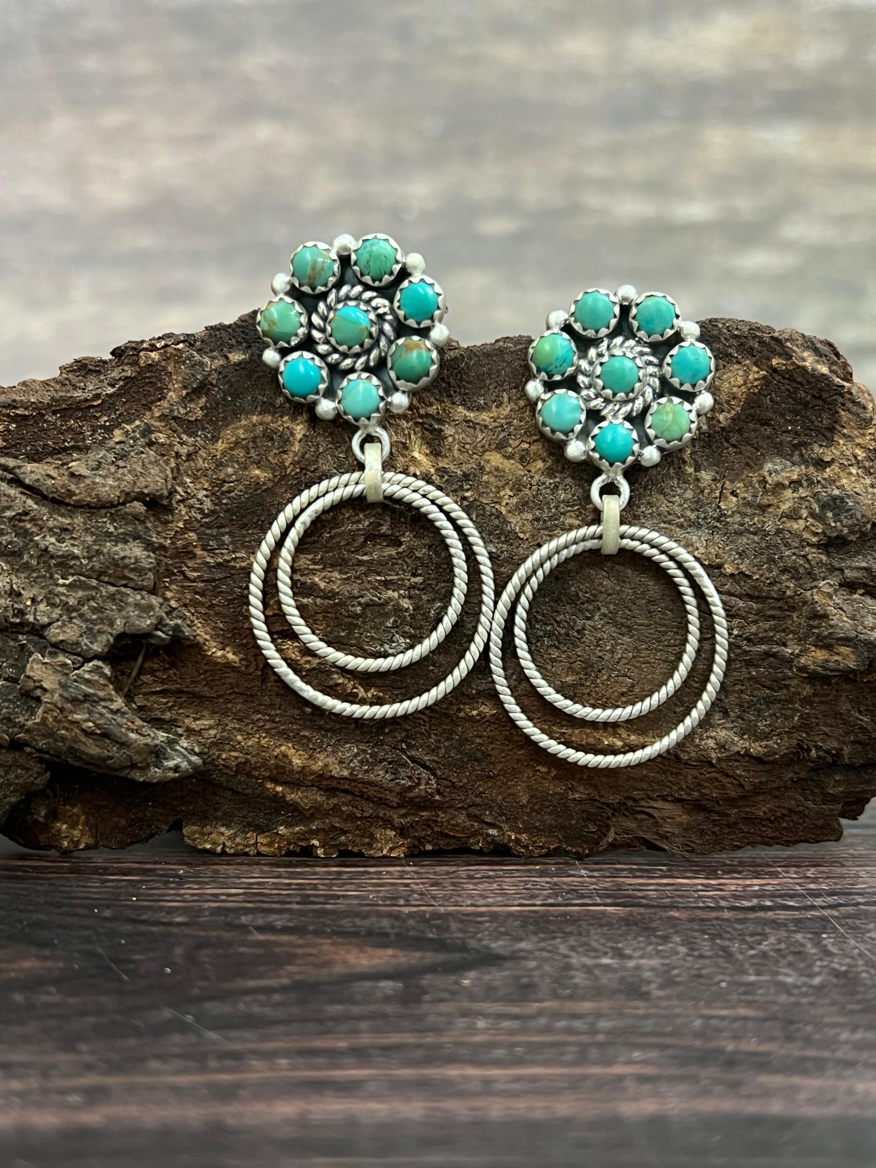 Handmade Sterling Silver Kingman Turquoise Post Dangle Earrings with Signed Nizhoni