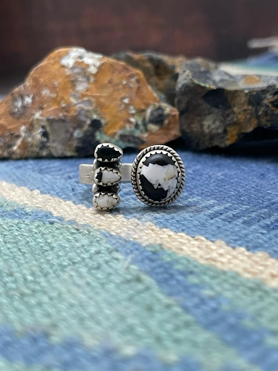 Handmade Sterling Silver White Buffalo Turquoise Adjustable Ring " Signed Nizhoni"