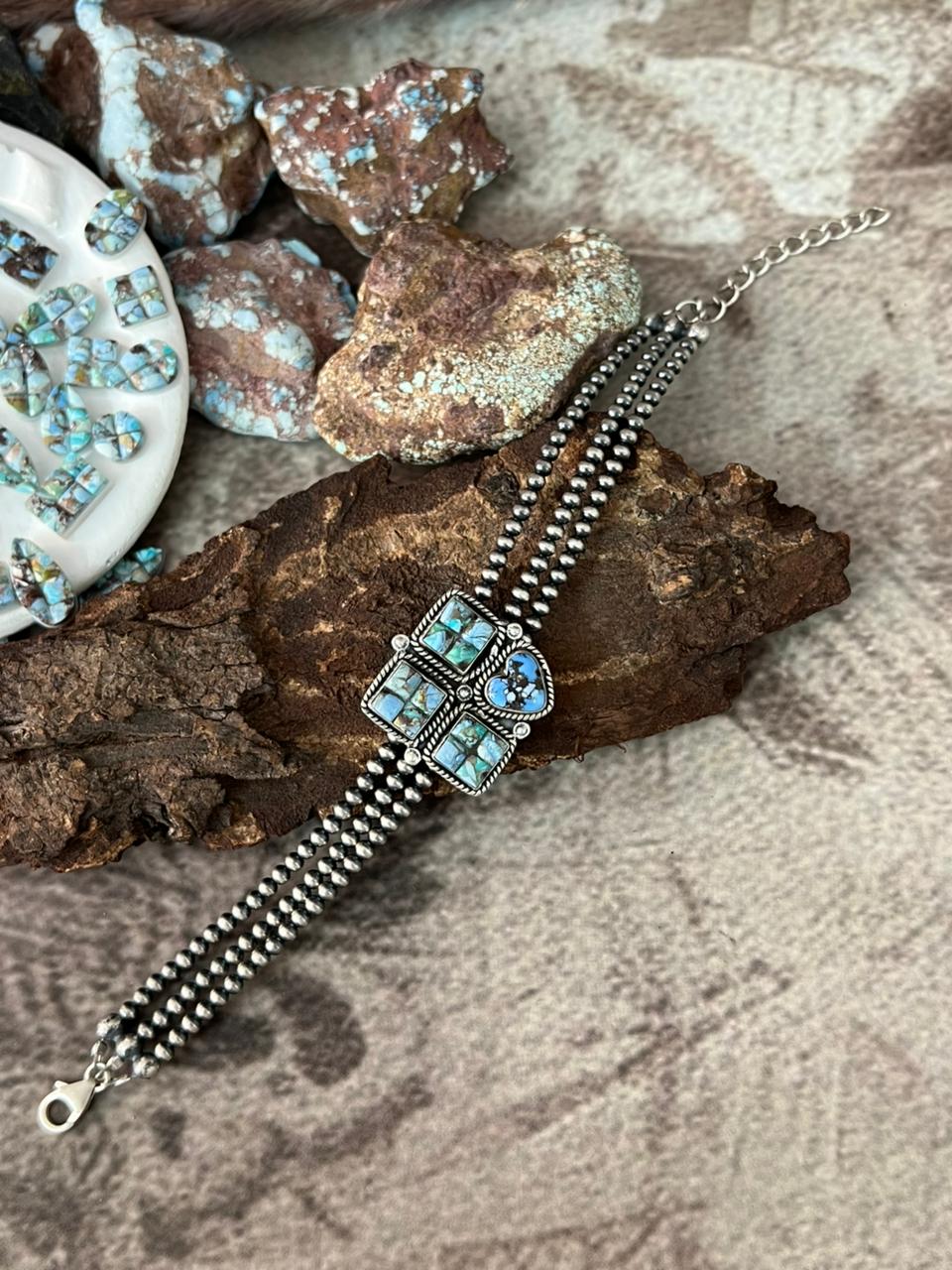 Handmade Sterling Silver Golden Hills Turquoise Cobble Collection Beaded Bracelet "Signed Nizhoni"