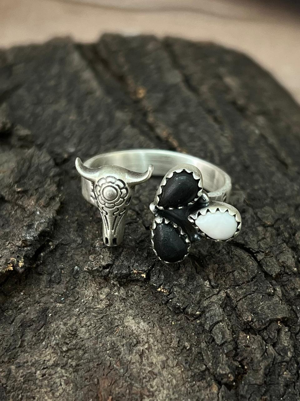 Handmade Sterling Silver White Buffalo Bull Adjustable Ring "Signed Nizhoni"
