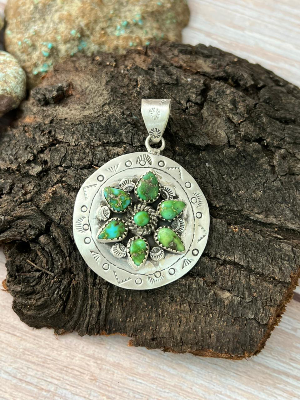 Handmade Sterling Silver Sonoran Mountain Turquoise Pendant with Signed Nizhoni