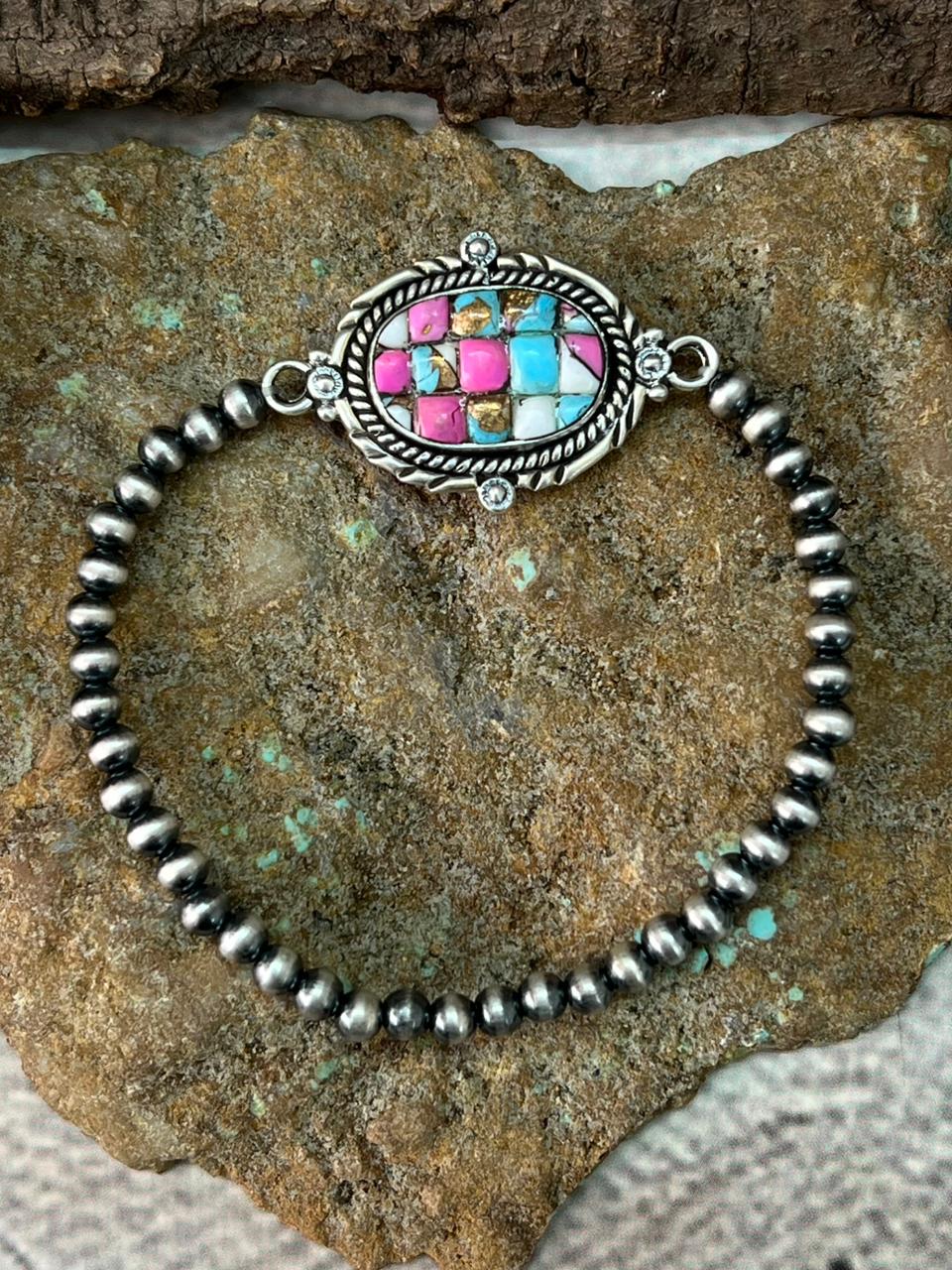 Handmade Sterling Silver Beaded Cotton Candy Bracelet "Signed Nizhoni"